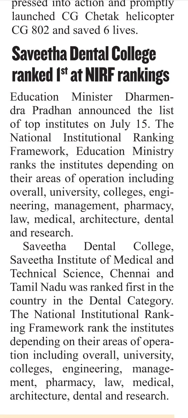 Saveetha Nirf Ranking Hindustan Times NIRF 1 st Ranking — dentistry @ saveetha
