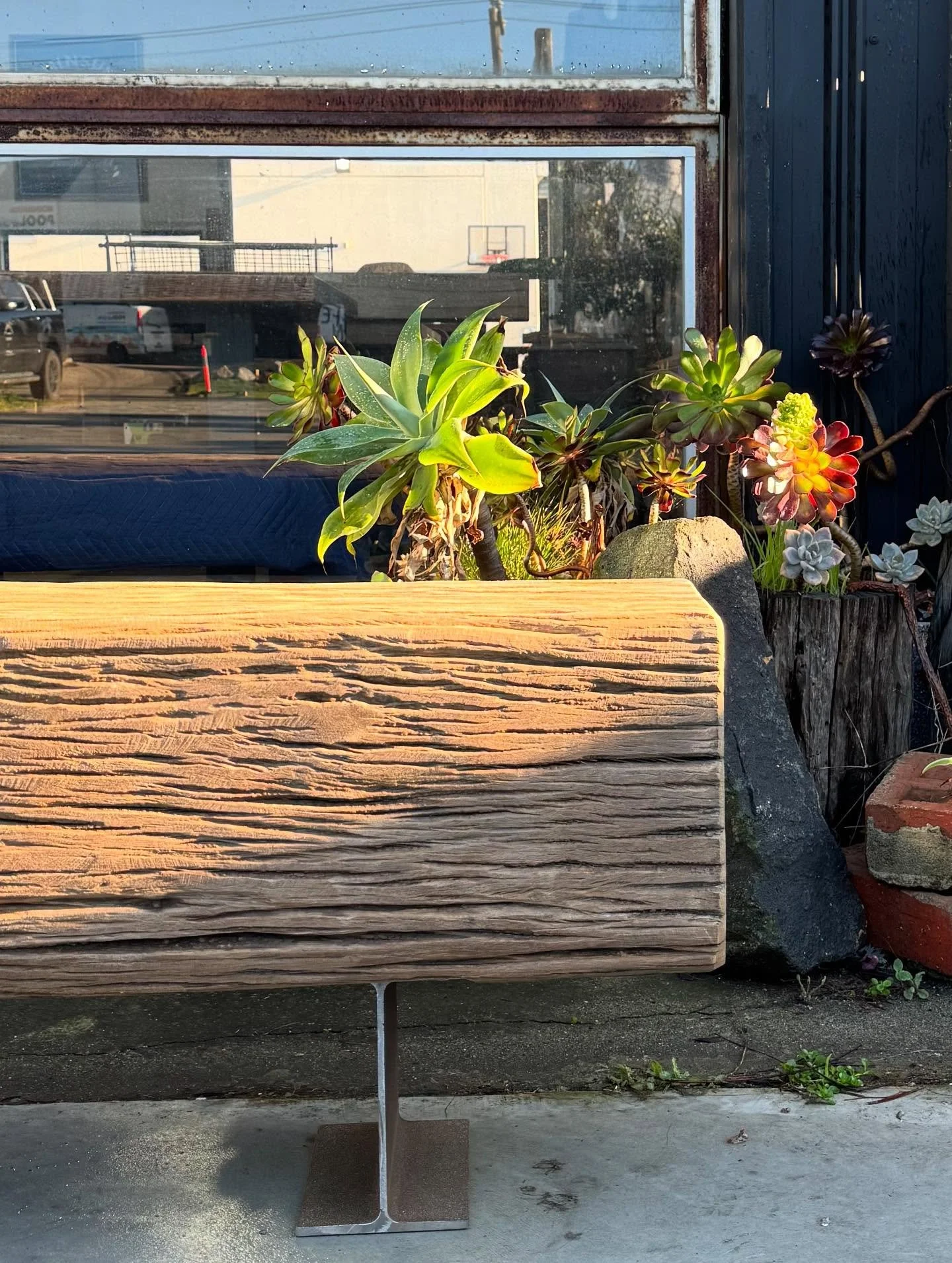 The latest North Wharf bench seat in the morning sun. Recycled grey ironbark salvaged from the Melbourne Docklands. 🌳⚒️♻️