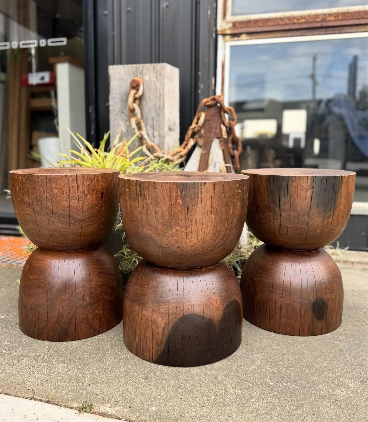 Latest batch of our hourglass stump stools. Loving the rich brown. Only 3 left. Get in quick. 🌳⚒️♻️