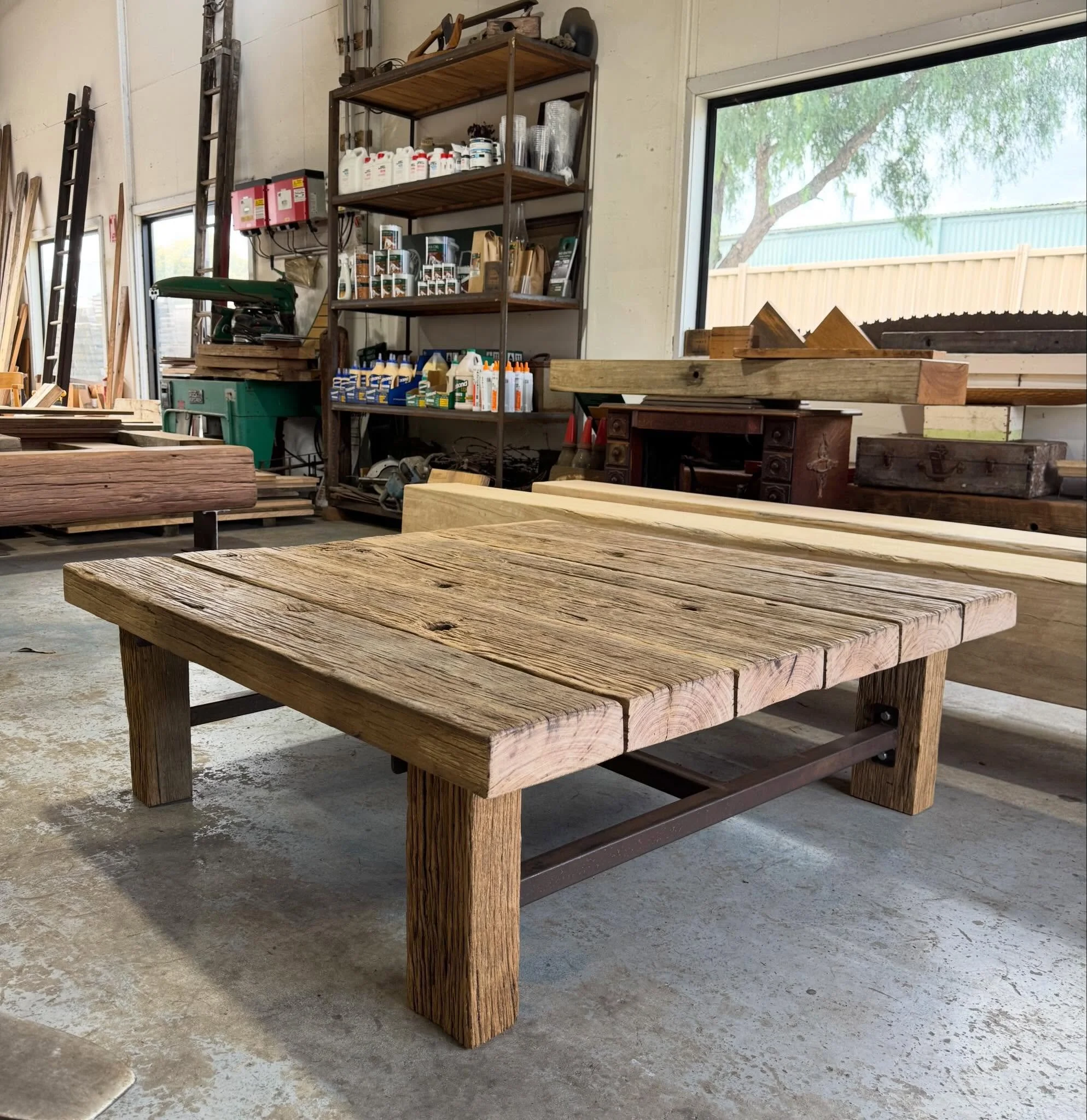 Latest edition to the showroom. Wharf timber coffee table. 1.3m x 1.3m. Timber salvaged from Mornington&rsquo;s Fishermans Jetty. 🌳⚒️♻️