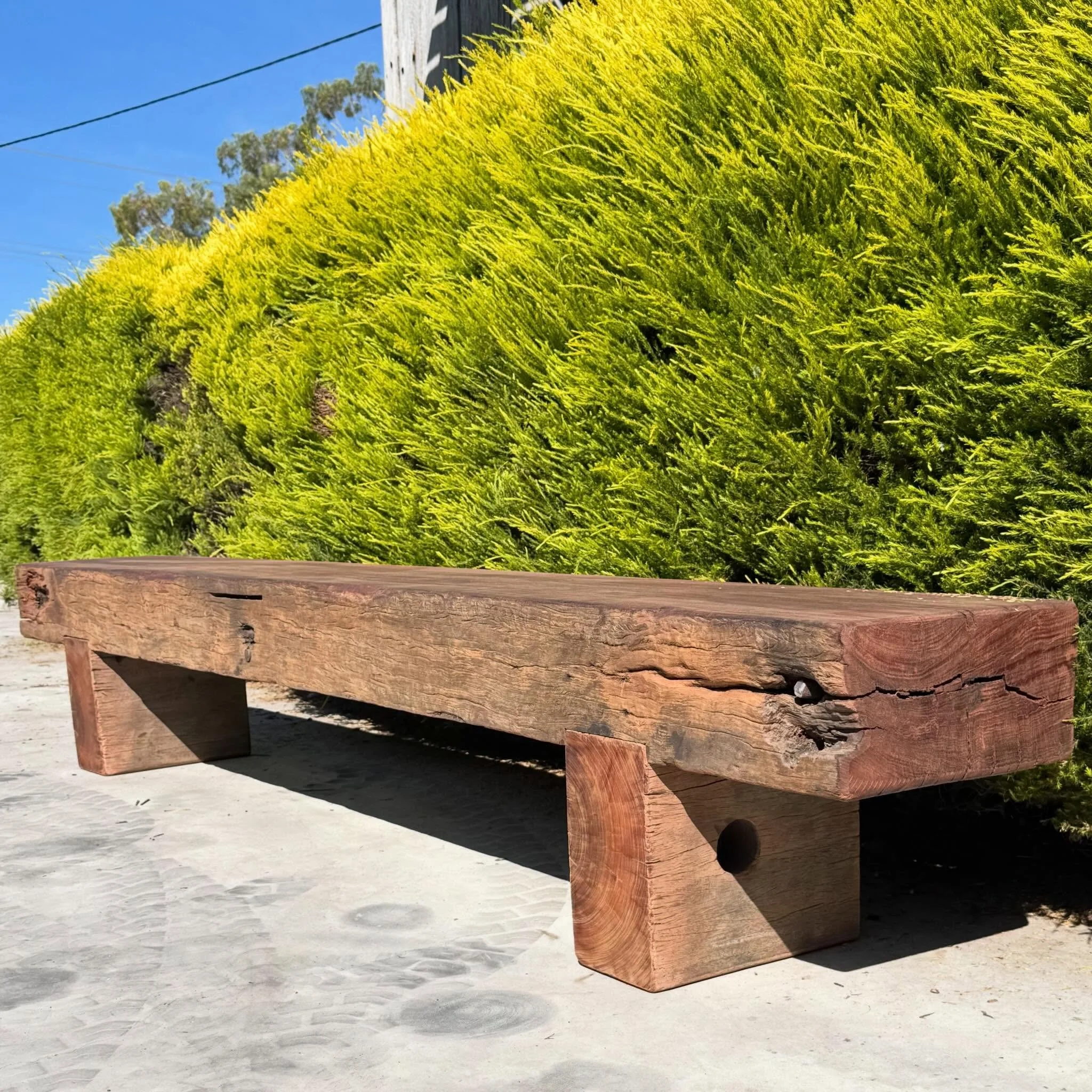 Our latest bench seat. 2600x350x175 Recycled Jarrah bridge timber on red ironbark footings. 🌳⚒️♻️