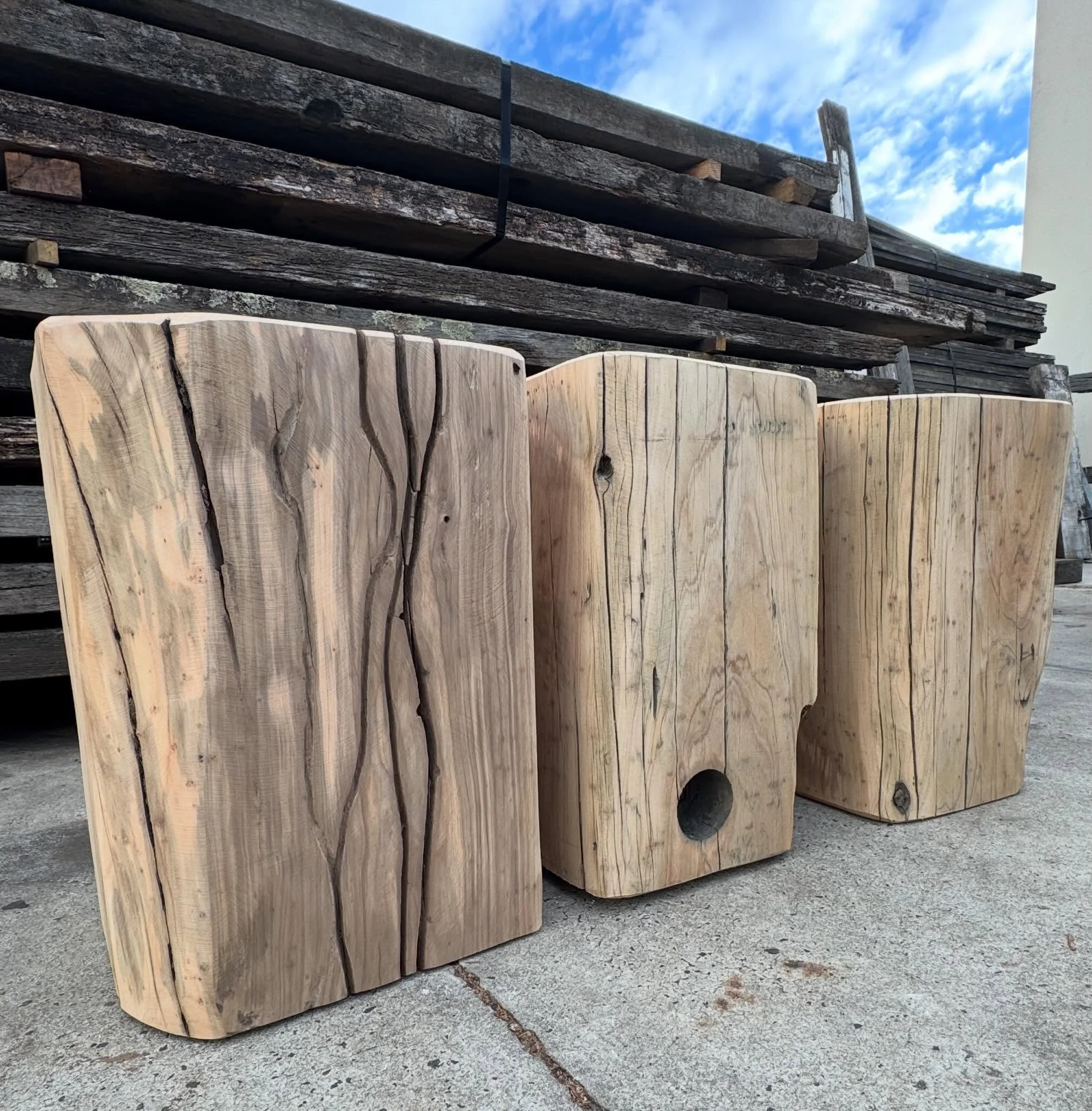 Driftwood block stools. Recycled macrocarpa 300x300 wharf timber 🌳⚒️♻️