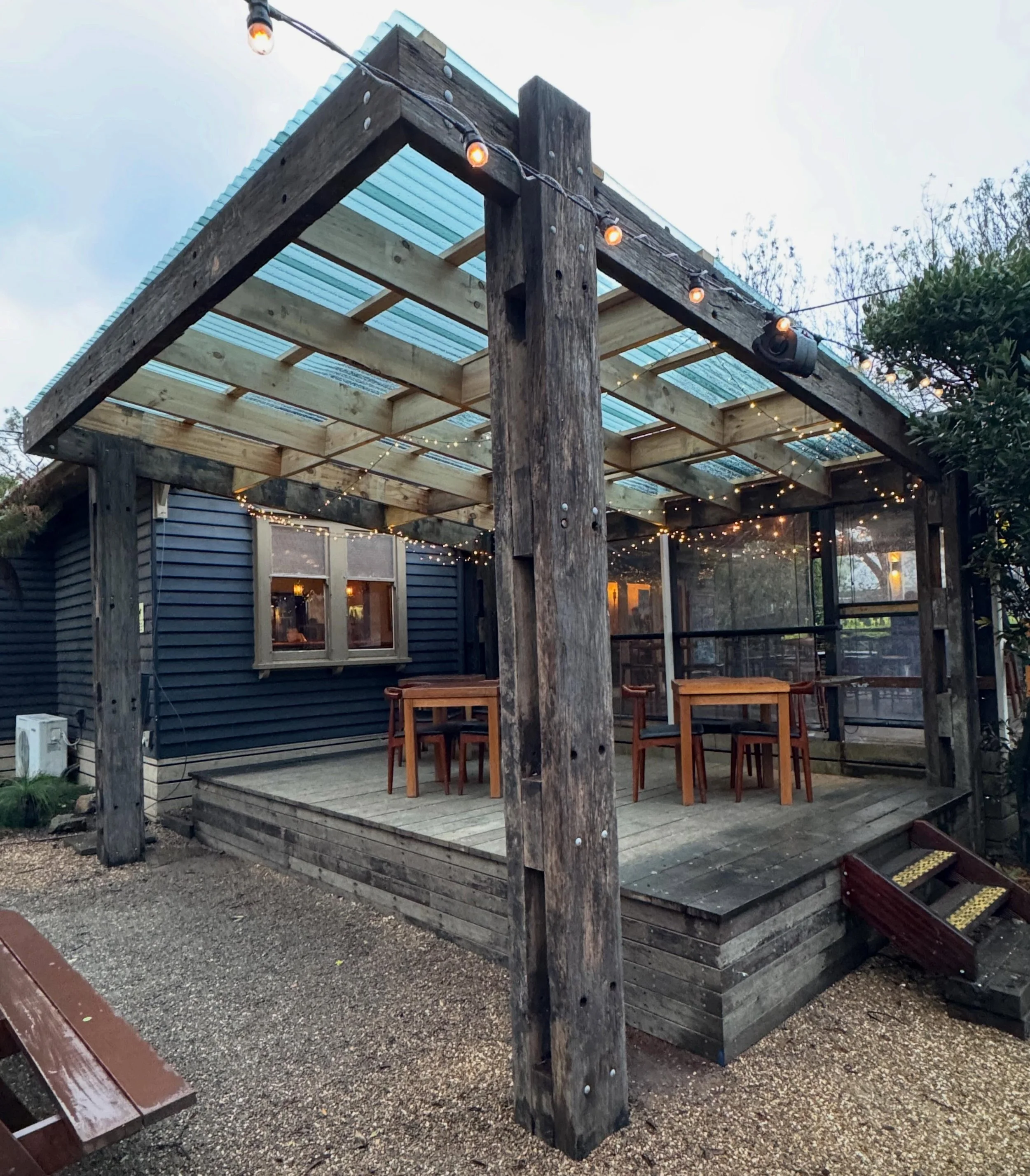 Now that&rsquo;s what I call a stage! Thank you @social_club_balnarring and brilliant work by the crew @carr_projects! 300x100 recycled spotted gum wharf deck salvaged from Port Arlington paired with 190x35 spotted gum boardwalk decking salvaged from