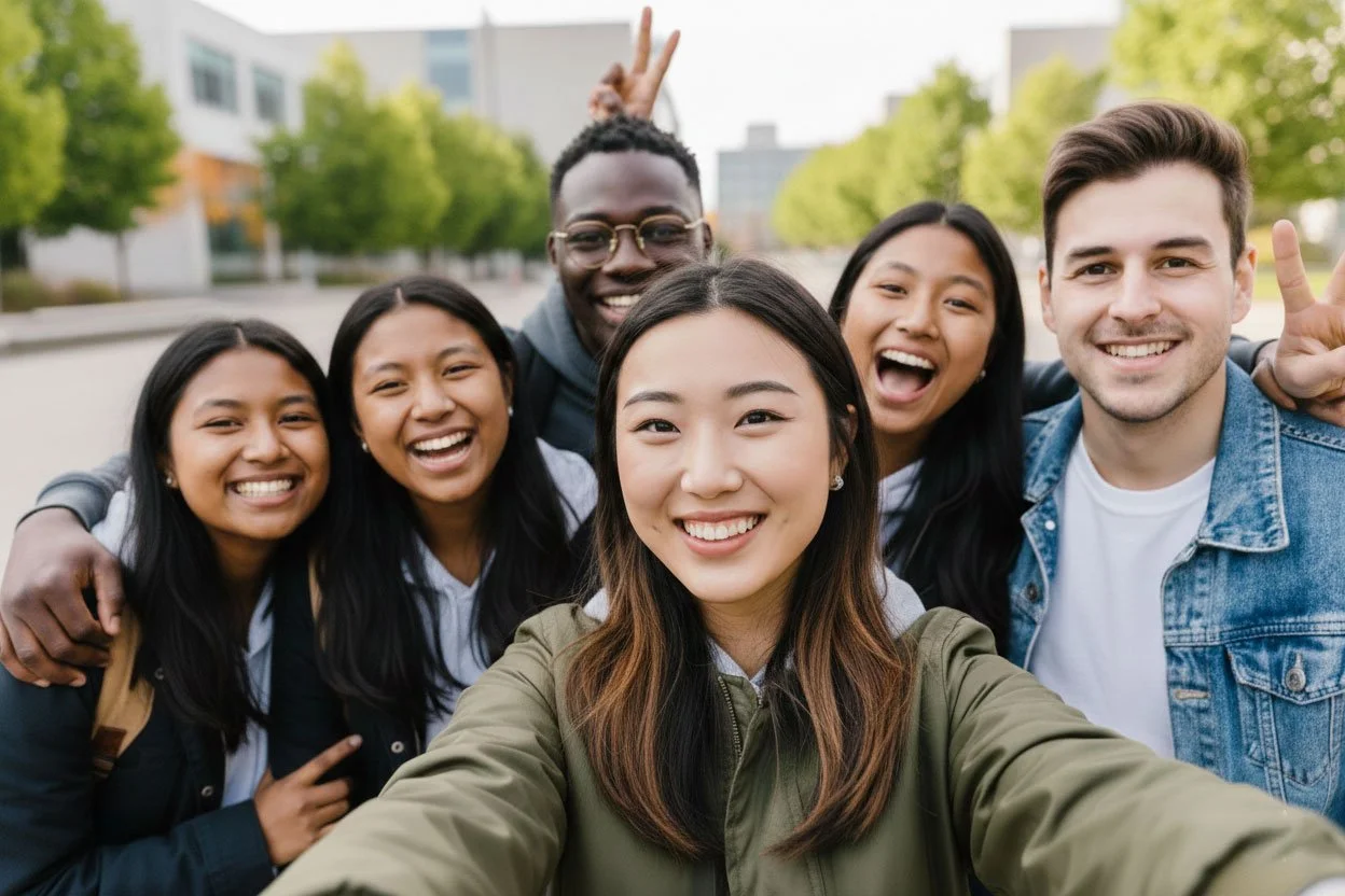 Korean student taking a selfie with friends in the school campus