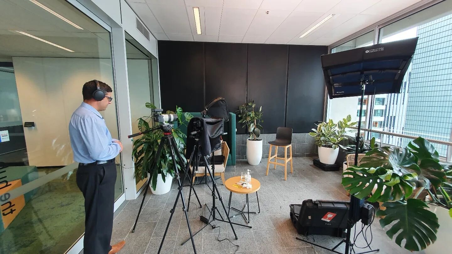 Client reviewing his piece to camera at thier office in Brisbane #teleprompter #officeshoot #officeworker