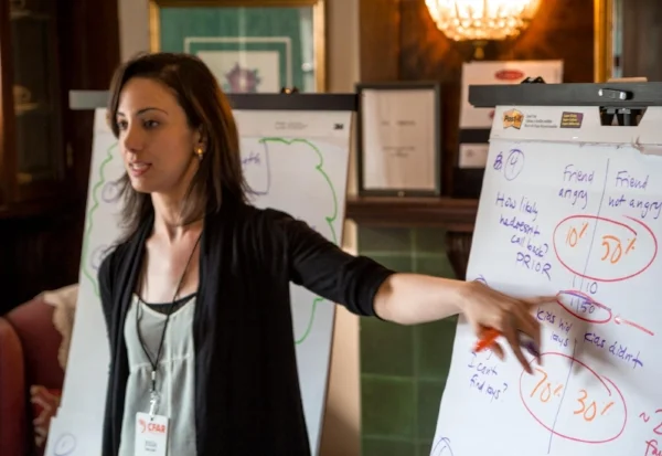Julia Galef, co-founder of CFAR, giving a workshop. Picture from their website .