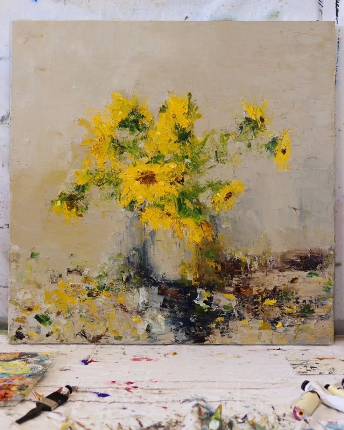 Sunflowers (Not the official title)
Oil on canvas 
80 x 80cm 

This is one of those pieces that came together instinctively. (Not that I really plan any of my paintings). I worked quickly with a palette knife, letting the paint build and break, pushi