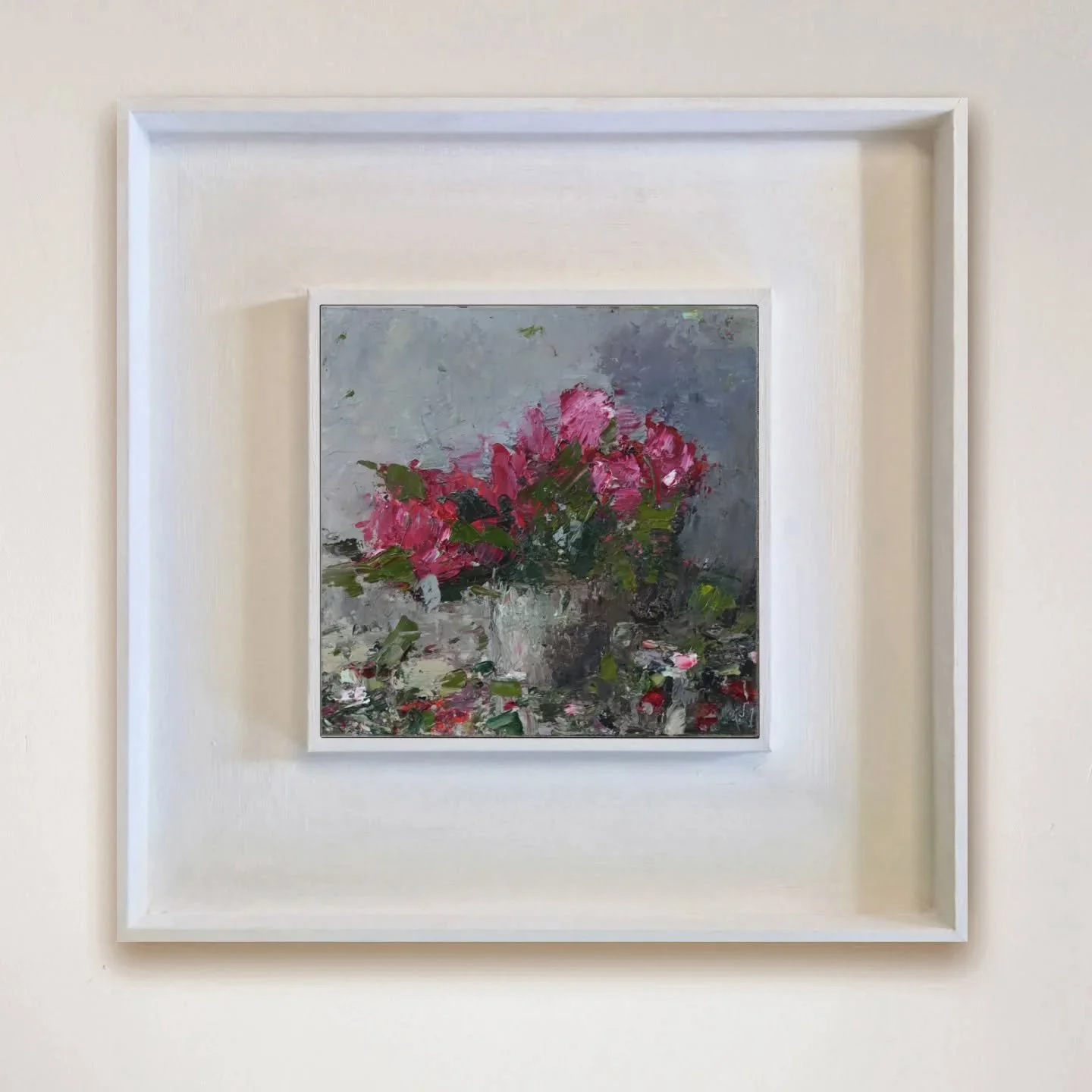 This small painting, 'Blush and Shadow', was created with thick layers of oil using only a palette knife. I love how the texture builds the suggestion of petals and leaves without needing to define them too precisely. The background of cool toned gre