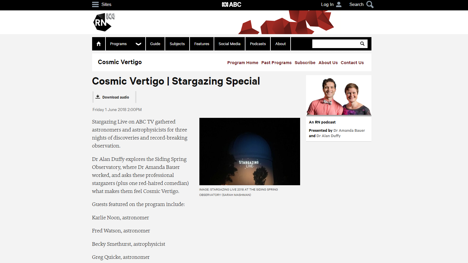 Listen to Alan Duffy's Cosmic Vertigo podcast on Stargazing Live 2018 with Greg Quicke.