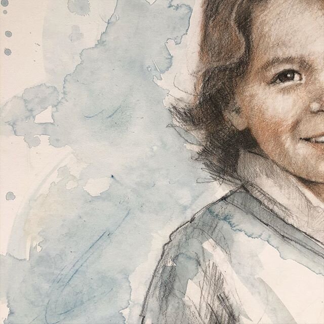 Partial portrait - that smile though! I love my job and I&rsquo;m so grateful to be doing it during this strange time. #charcoalconte #lizlindstrom #watercolorwash #modernportrait Thank you @ellietiller and @portraitsinc for this wonderful commission