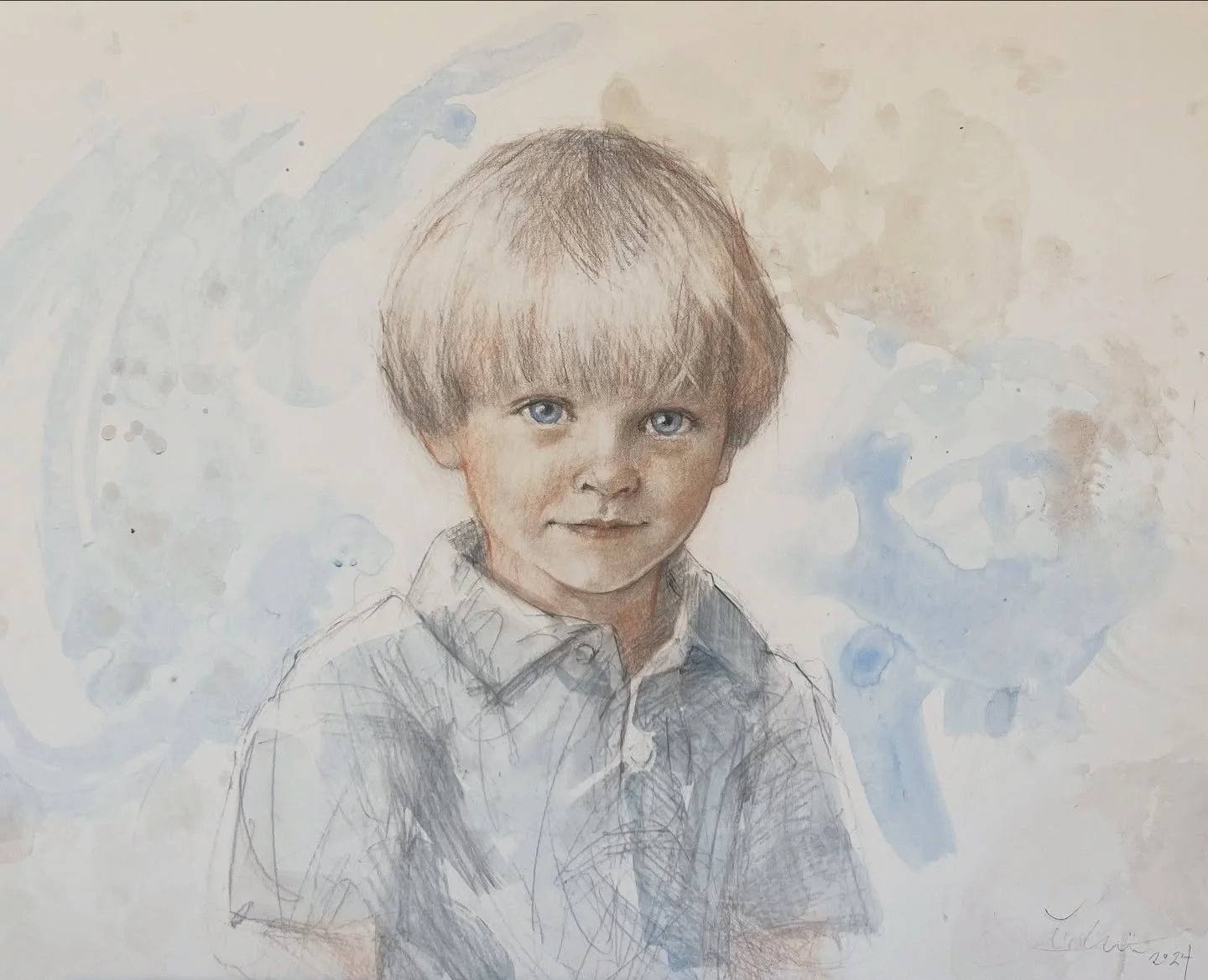 Boyhood is beautiful, don&rsquo;t I have the best job!?! Thank you to my wonderful client #youknowwhoyouare and to @portraitsinc for connecting us. #charcoalconte #watercolorwash #lizlindstrom #portraitdrawing #dallasfamily #portraitartist #blueeyedb