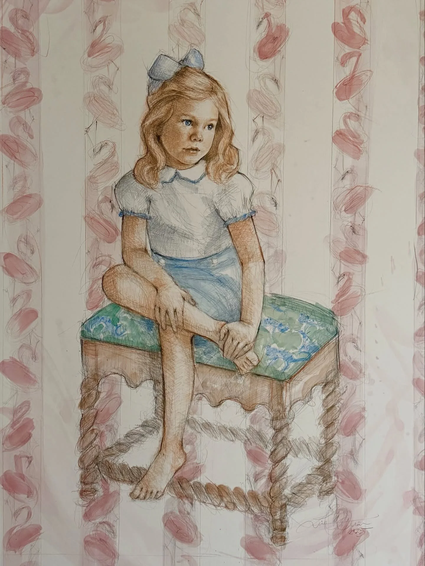 One clever and gorgeous girl, an antique stool, and a Flamboyance of Flamingos! What more could I ask for? Oh yes, the best clients #youknowwhoyouare for trusting me with their darling daughter&rsquo;s portrait. Thank you to @lcs_portraitsinc and @po