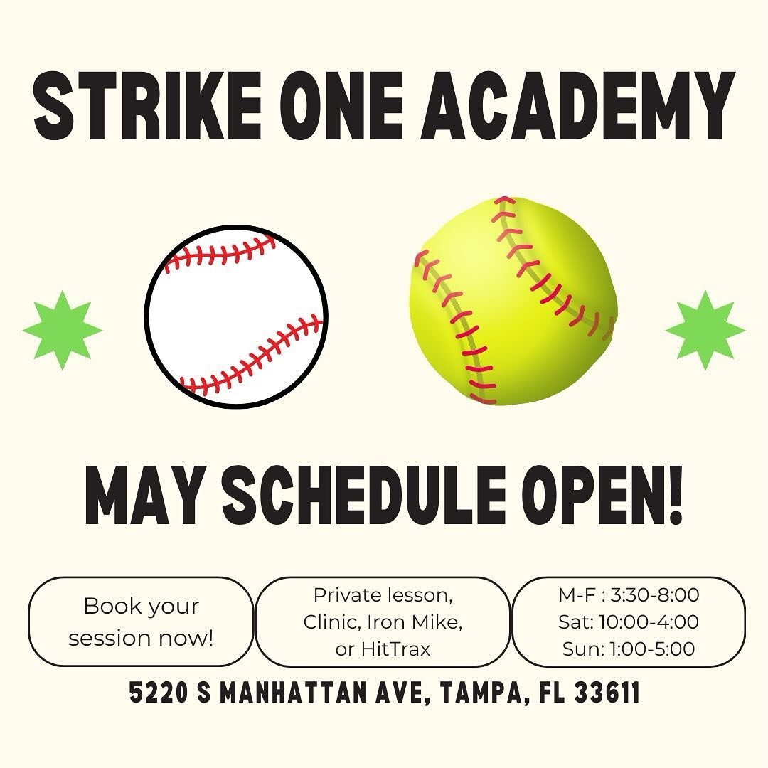 May schedule now open! Book in advance to secure your time. We offer private lesson, clinic, Iron Mike, and HitTrax sessions. Time to elevate your game! 

#tampa #baseballacademy #softballacademy #strikeone #strikeoneacademy #lessons #workhard