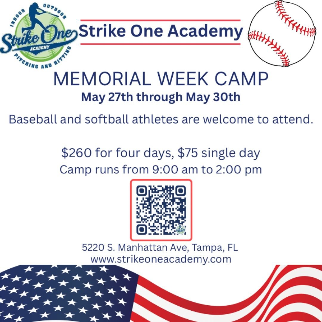 Strike One Academy has added another week of camp! After Memorial Day, we&rsquo;re starting a four day camp. From May 27th through May 30th, we will be focusing on everything baseball and softball. Grab a friend and sign up now!
