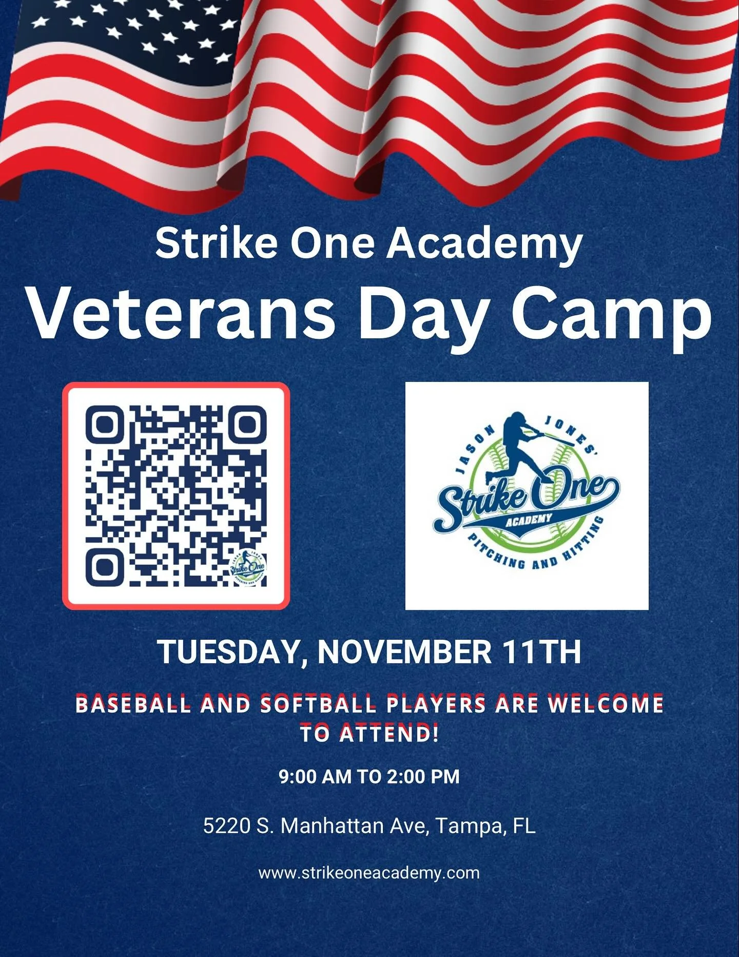 Our Veterans Day camp is approaching! Join our camp on Tuesday, November 11th from 9:00 am to 2:00 pm. We will take the day to focus on overall baseball and softball skills all while having a blast. Spots are limited so grab a friend and sign up now!