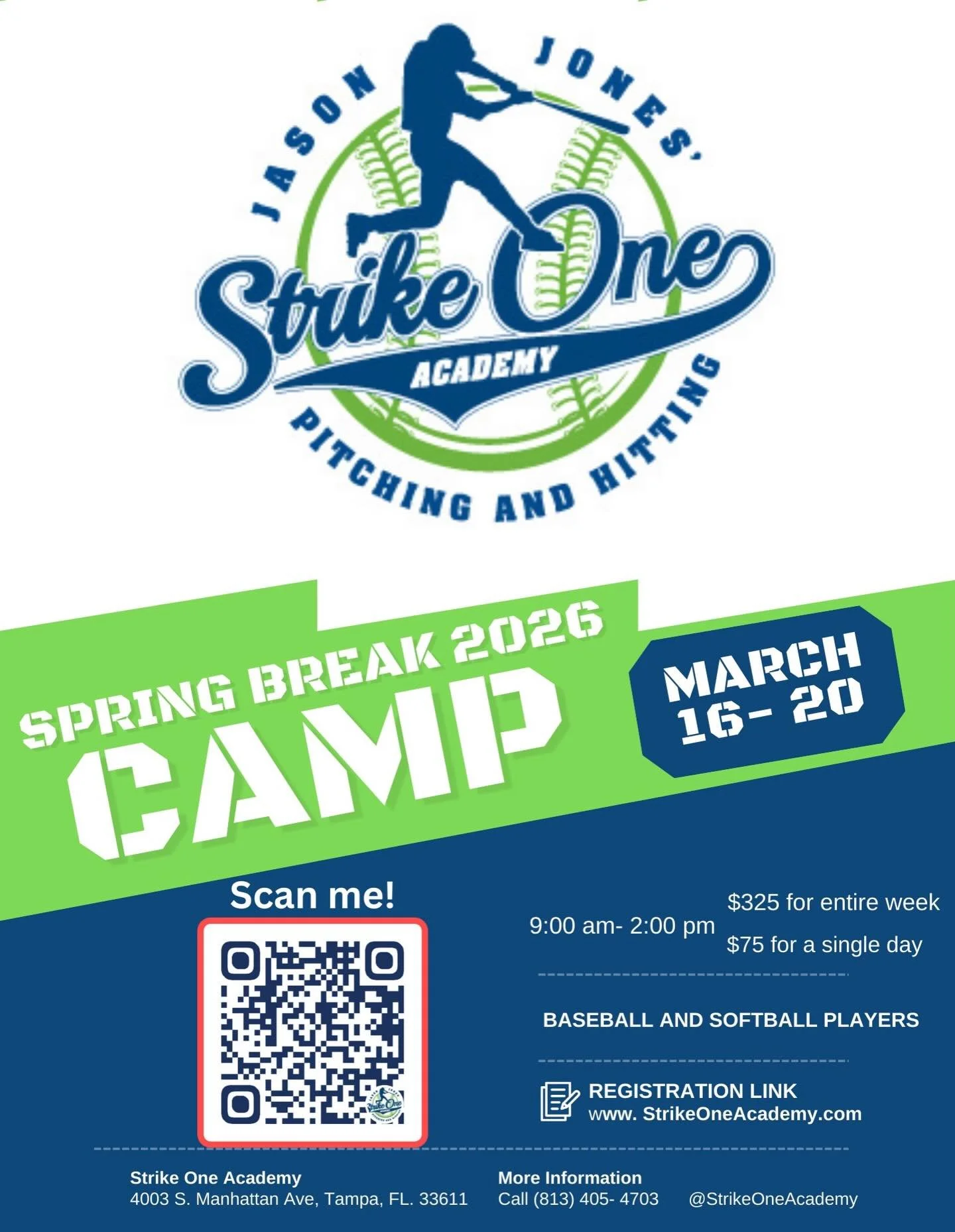 Spring break camp is live! Reserve your spot! Perfect time to develop some skills during the season. Development happens mainly outside of games, let us help in that development. Register at www.StrikeOneAcademy.com