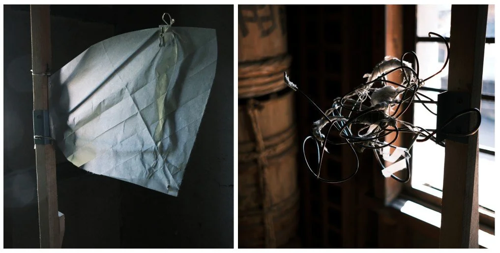 two detail images of the objects installed in the storehouse space. "A wing" (on the left) and "a tangle" (right)