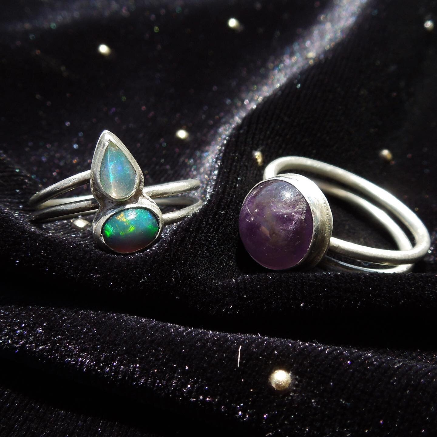 Newest Opal creation with that striking Amethyst &amp; an XL moonstone in the second slide..
phewy these opals tested my patience in the setting process but so so worth it! 
Size 6 1/2, $55

#opal #ethiopianopal #silversmithing #silverjewelry #silver