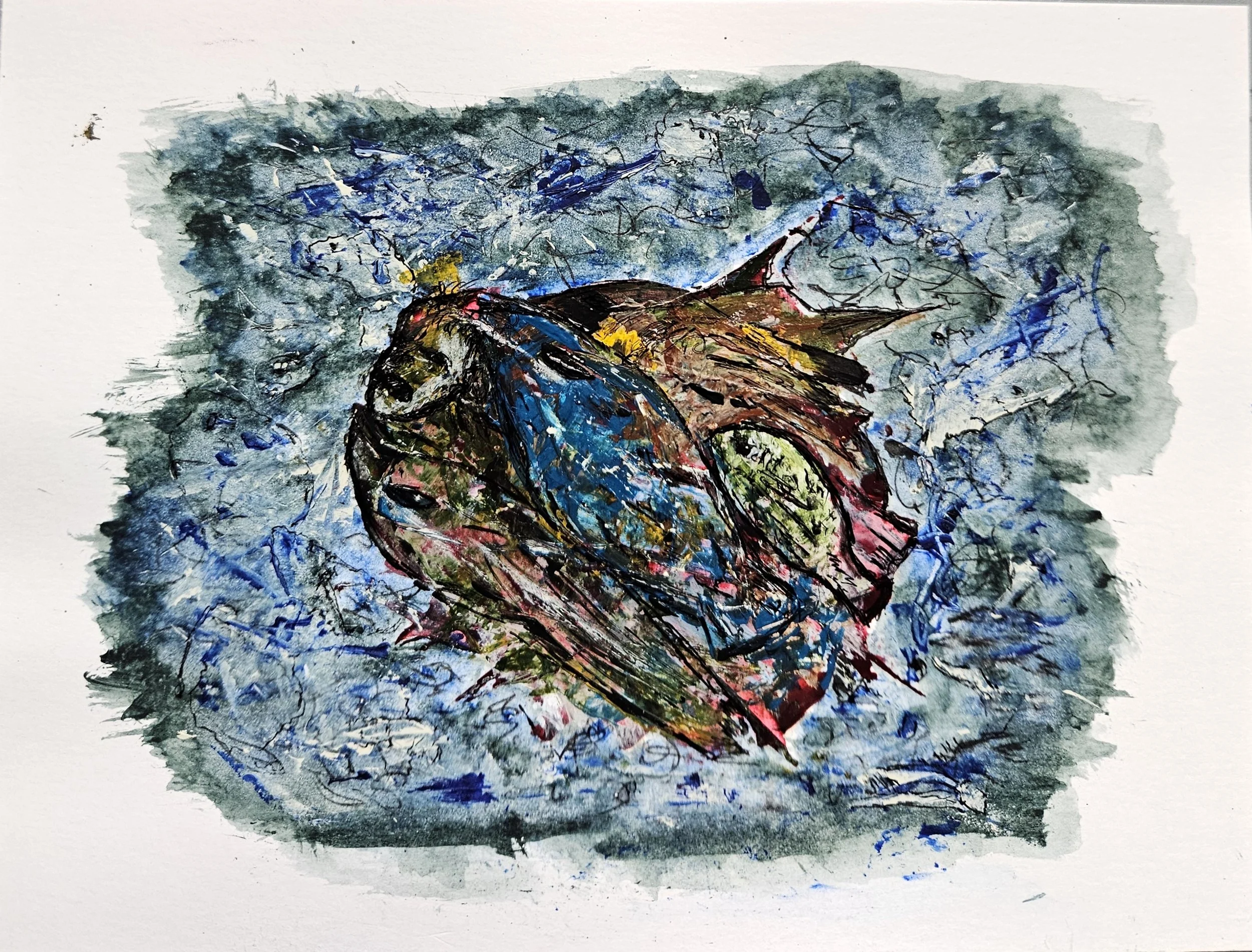 Revenge of the Sea Creatures - 6 x 8, Mixed Media (acrylic, ink) on paper, 2025