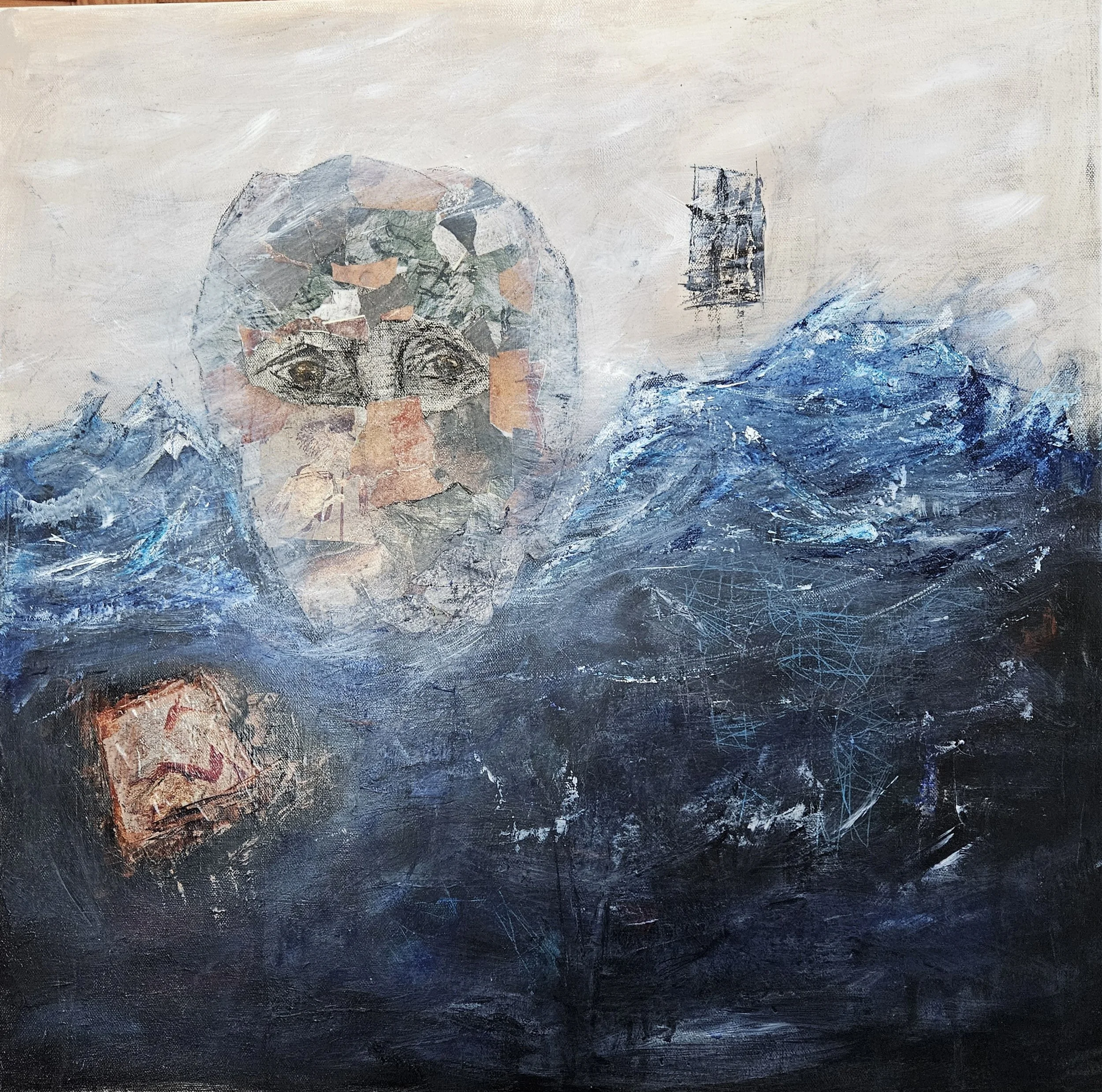 The Rising - 24 x 24, Mixed Media (acrylic, torn paper, charcoal, ink, oil pastels) on canvas, 2025
