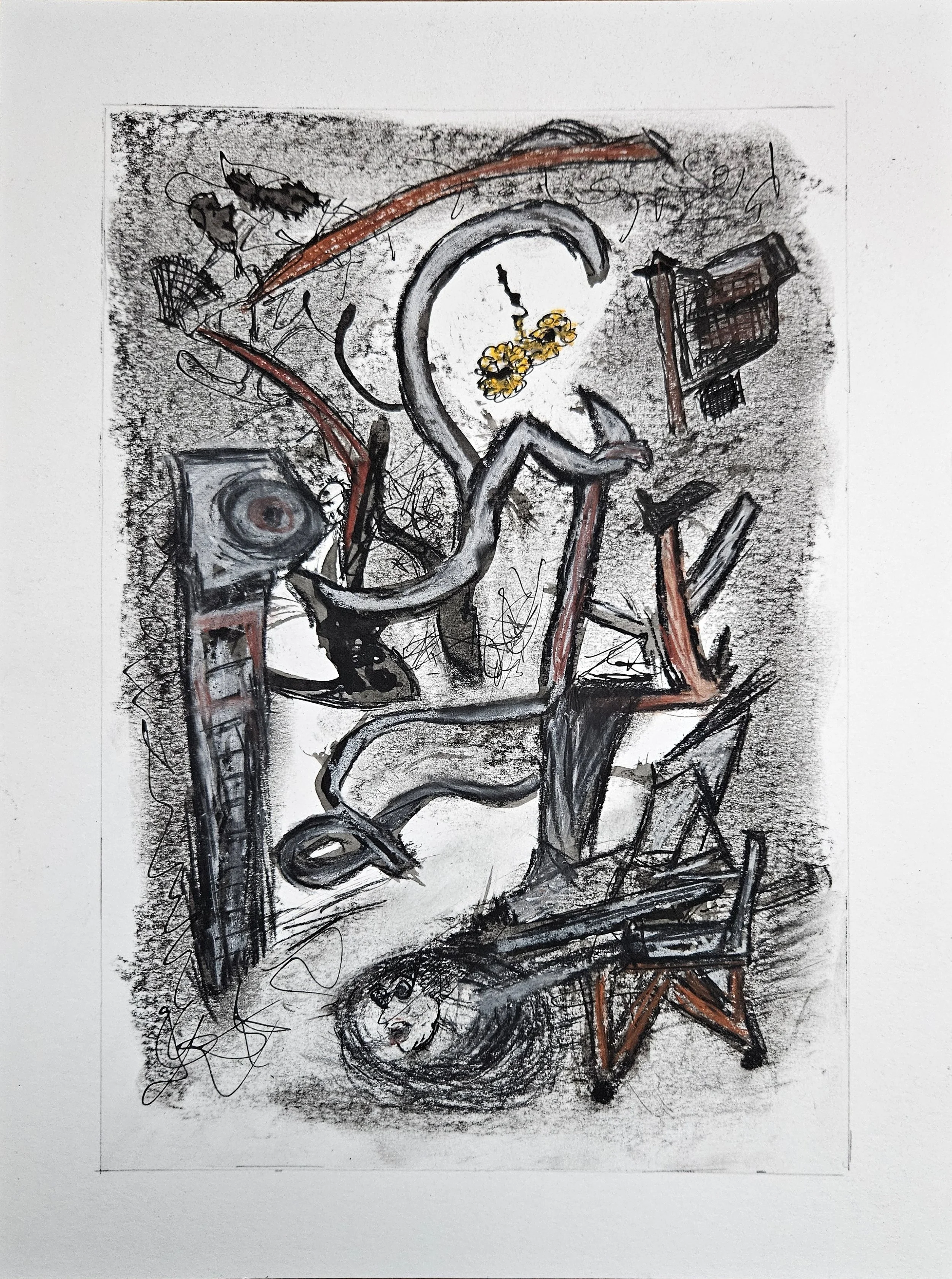 Oops! - 12 x 9, Mixed Media (sumi ink, ink, charcoal, Conte crayons, acrylic) on paper, 2025