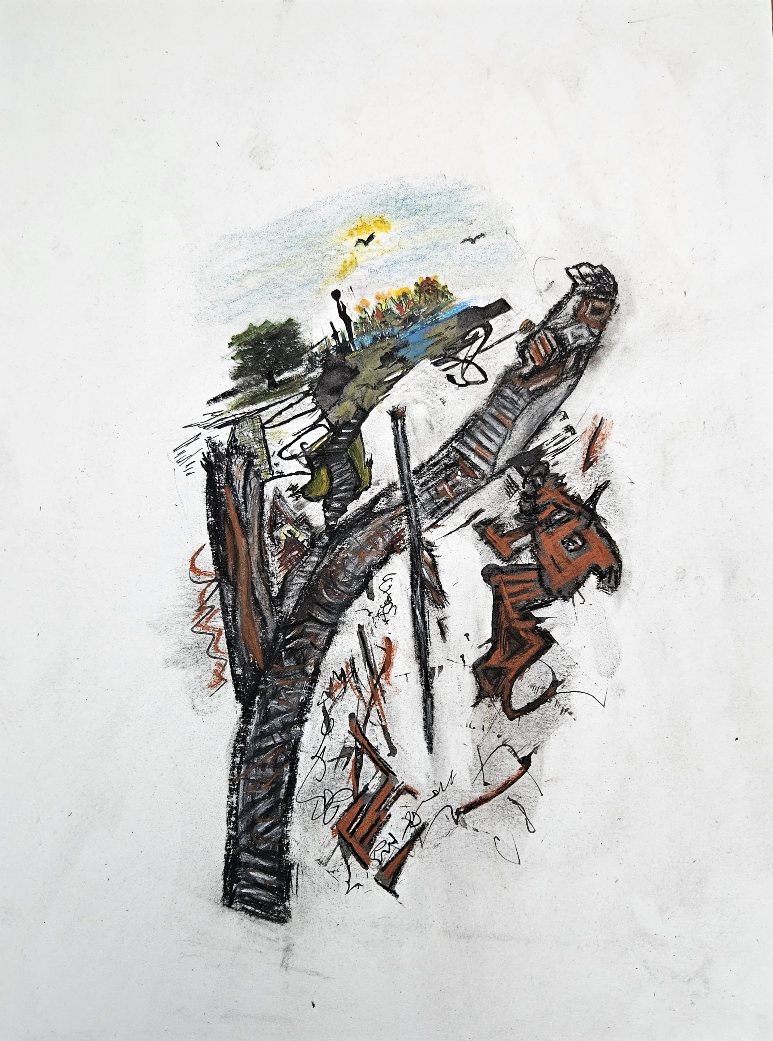 Find Your Way - 12 x 9, Mixed Media (ink, Conte crayons, color pencils, acrylic) on paper, 2025