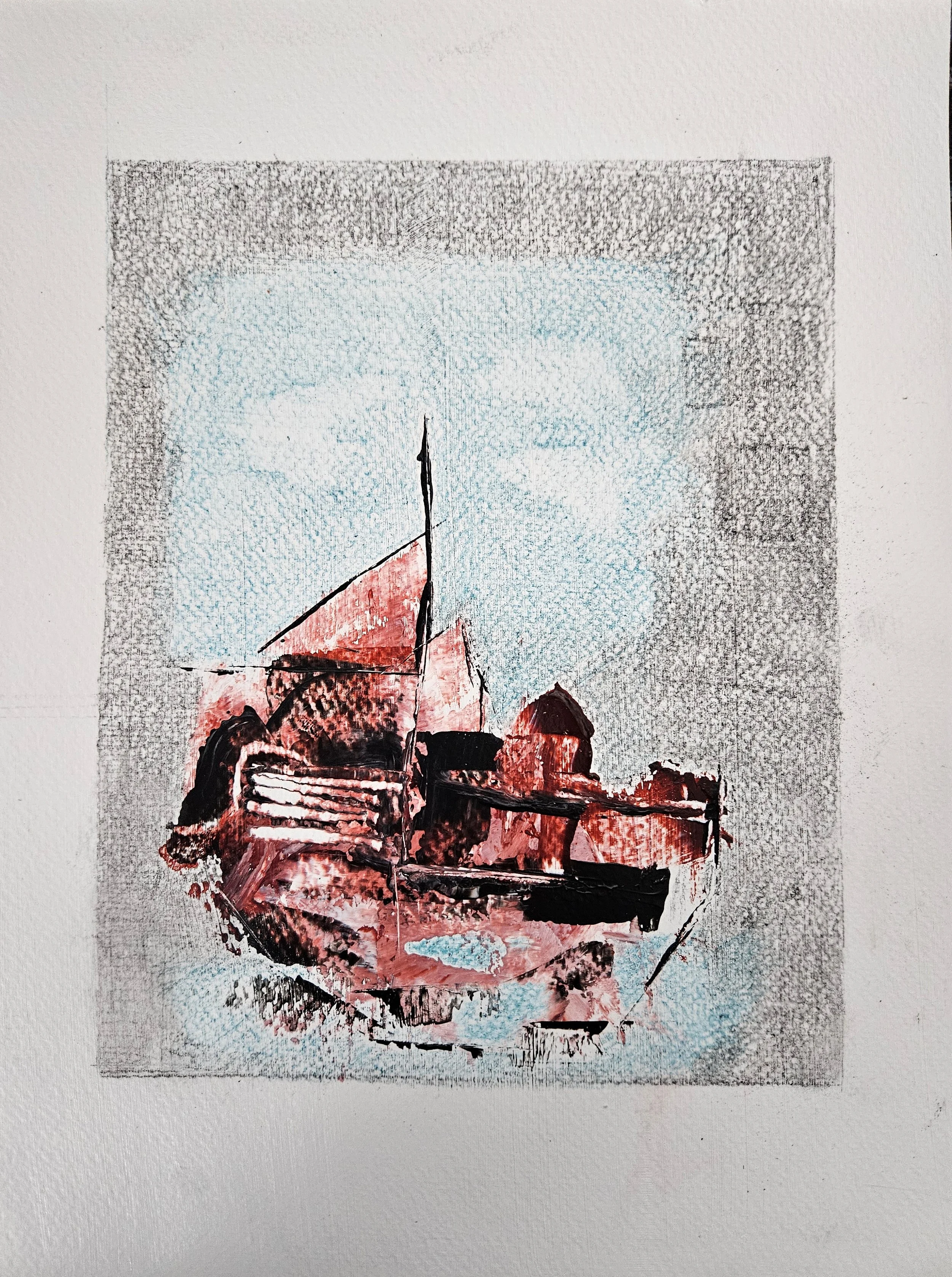 Wrecked - 12 x 9, acrylic and Conte pencils on watercolor paper, 2025