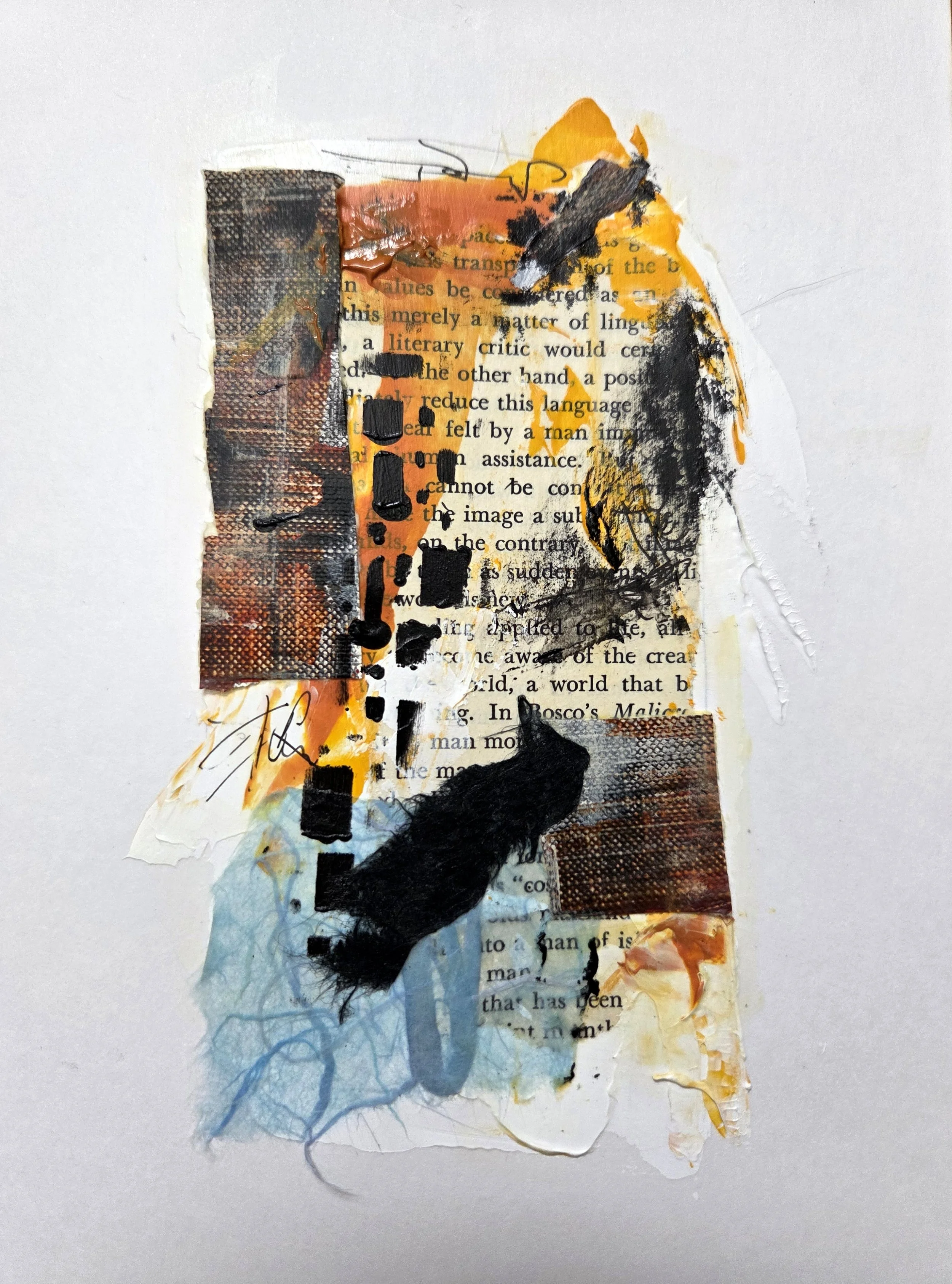 The Language of Crows - 8 x 6, Mixed Media (acrylic, book pages, fabric, cut painted paper, ink) on mixed media paper, 2026