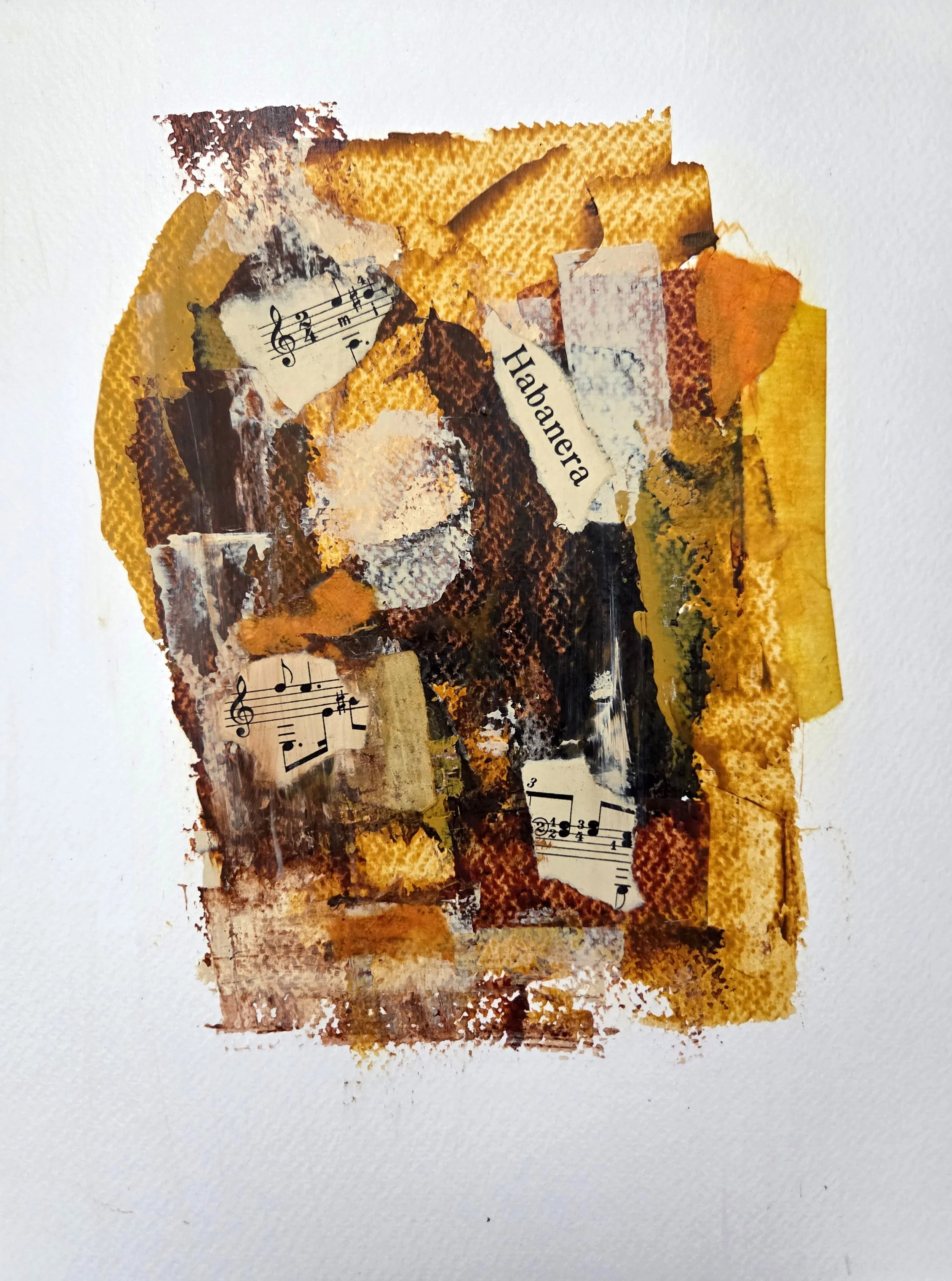 Habanera - 12 x 9, Mixed Media (acrylic, torn paper, sheet music, fabric) on watercolor paper, 2026