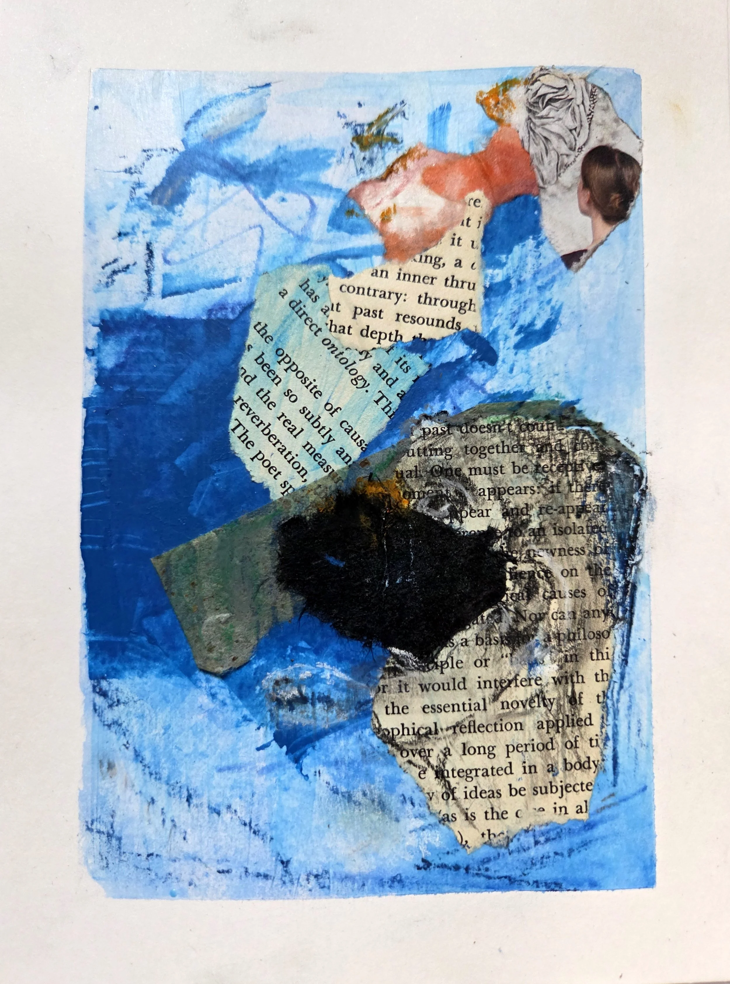 Ontology - 8 x 6, Mixed Media (watercolor pencils, acrylic, oil pastels, charcoal pencils, torn paper, text on paper, fabric) on Mixed Media paper, 2026