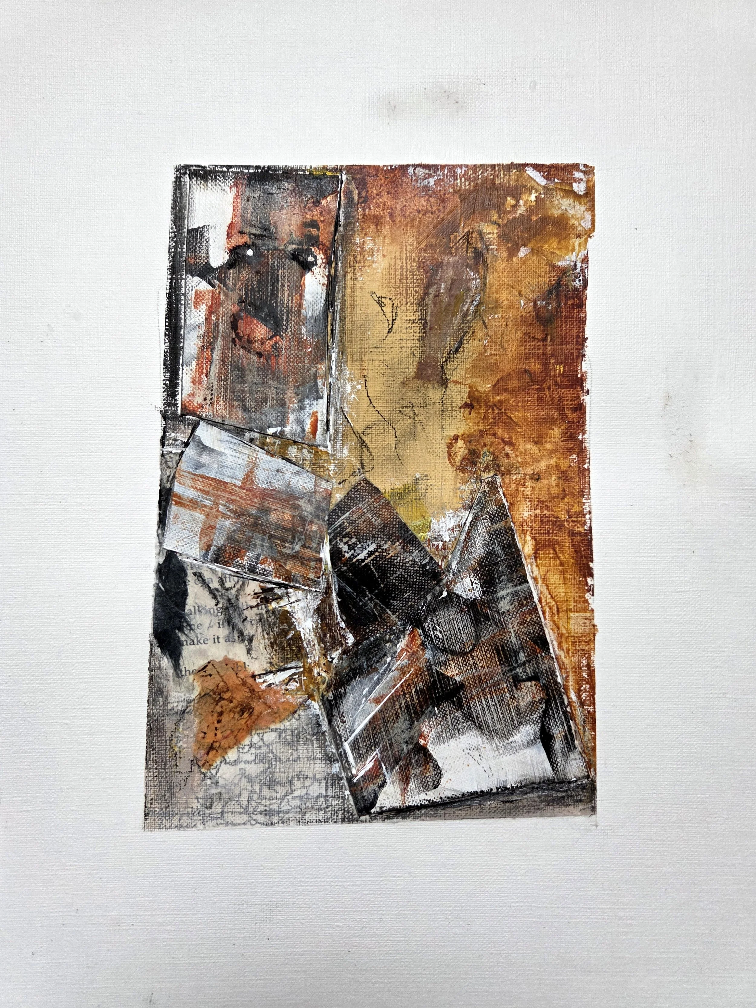 Distorted Reality - 12 x 9, Mixed Media (acrylic, text, torn paper, fabric, charcoal pencils, graphite) on oil and acrylic paper, 2026