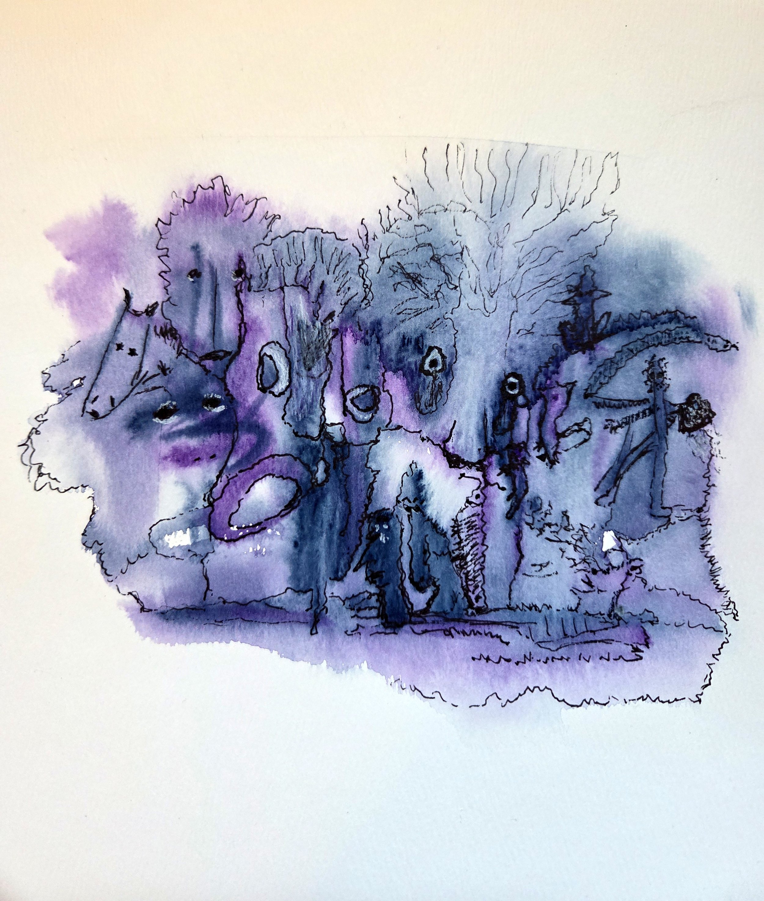 Revisiting the Lilliputians - 9 x 12, Mixed Media (acrylic, ink, charcoal pencils) on watercolor paper, 2026
