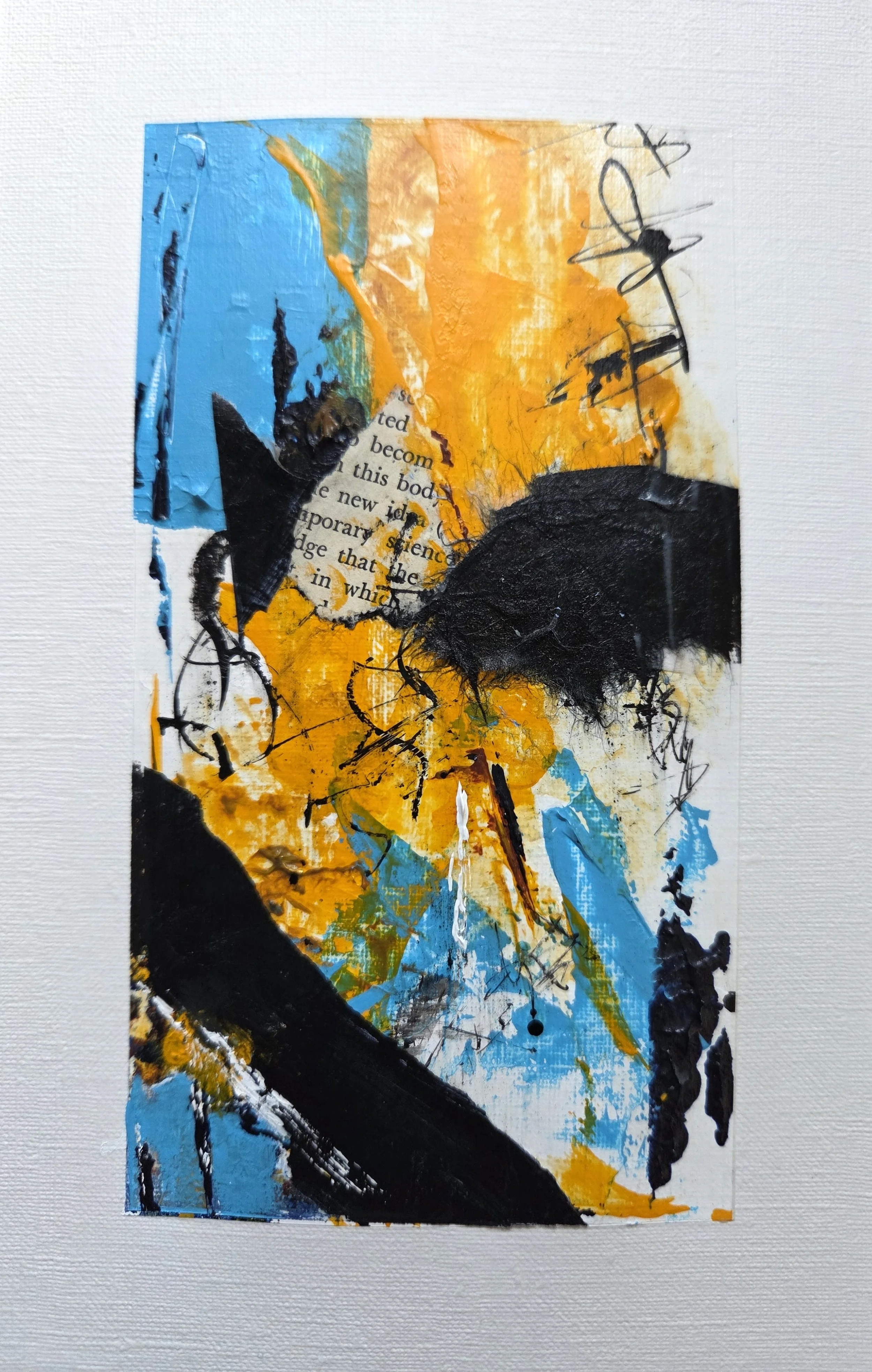 This Body - 8.5.x 5.5, Mixed Media (acrylic, fabric, torn paper, text, ink, oil pastels) on oil and acrylic paper, 2026