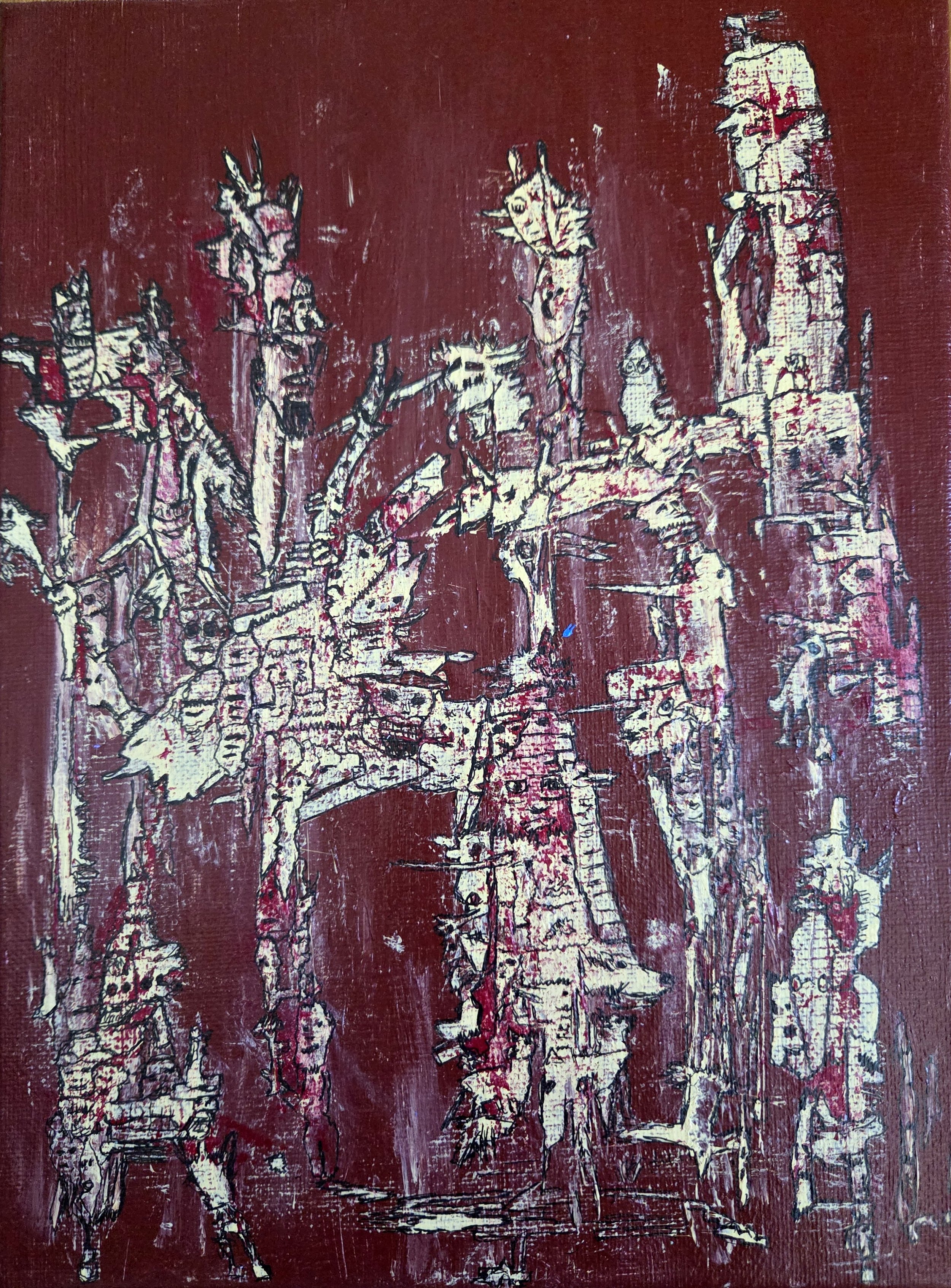 Menagerie - 12 x 9, Mixed Media (acrylic and ink) on canvas, 2026