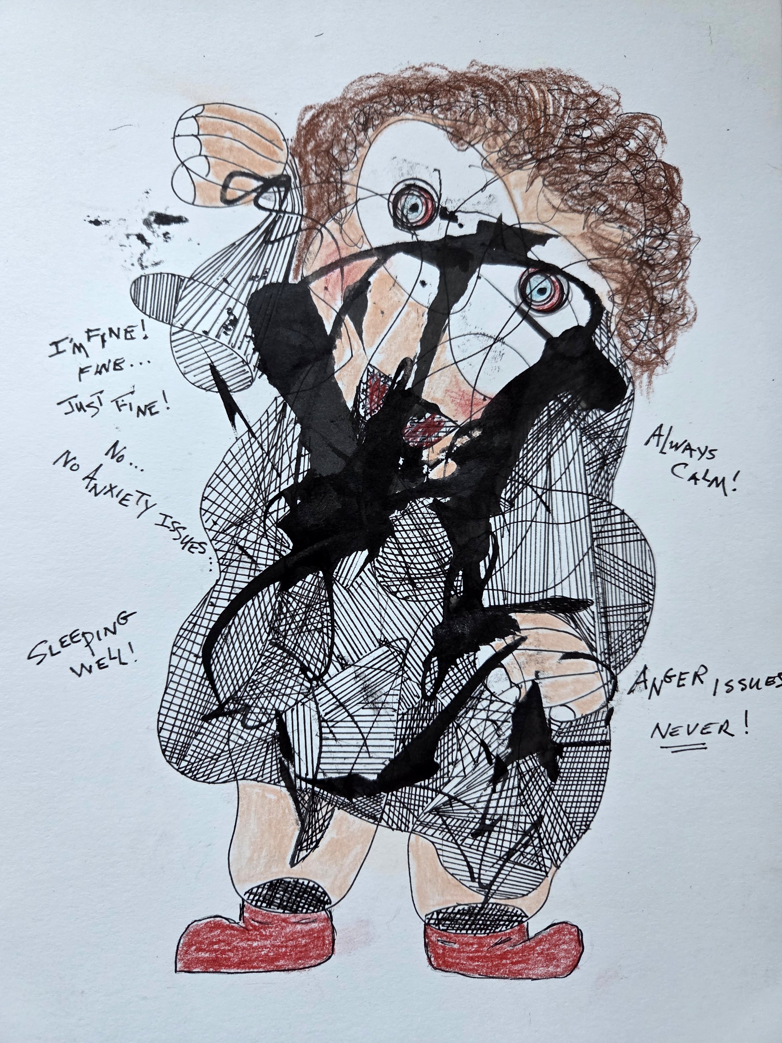 Notes from the Therapy Couch - 12 x 9, Mixed Media (ink, Conte pencils) on Bristol paper, 2026