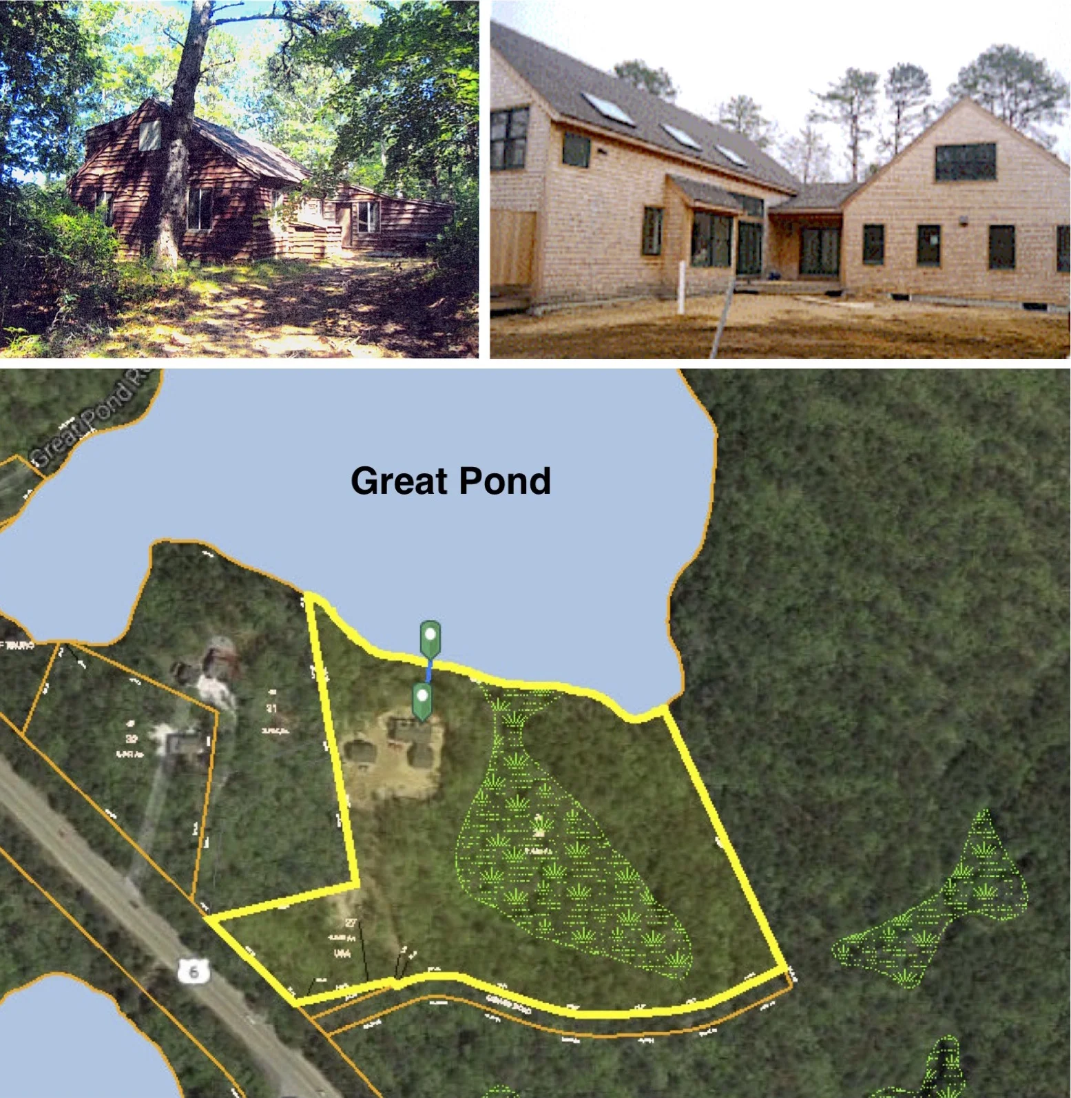 The 1940's 1,504 sq. ft. cottage was recently replaced by this 3,988 sq. ft. house on Great Pond without Site Plan Review.