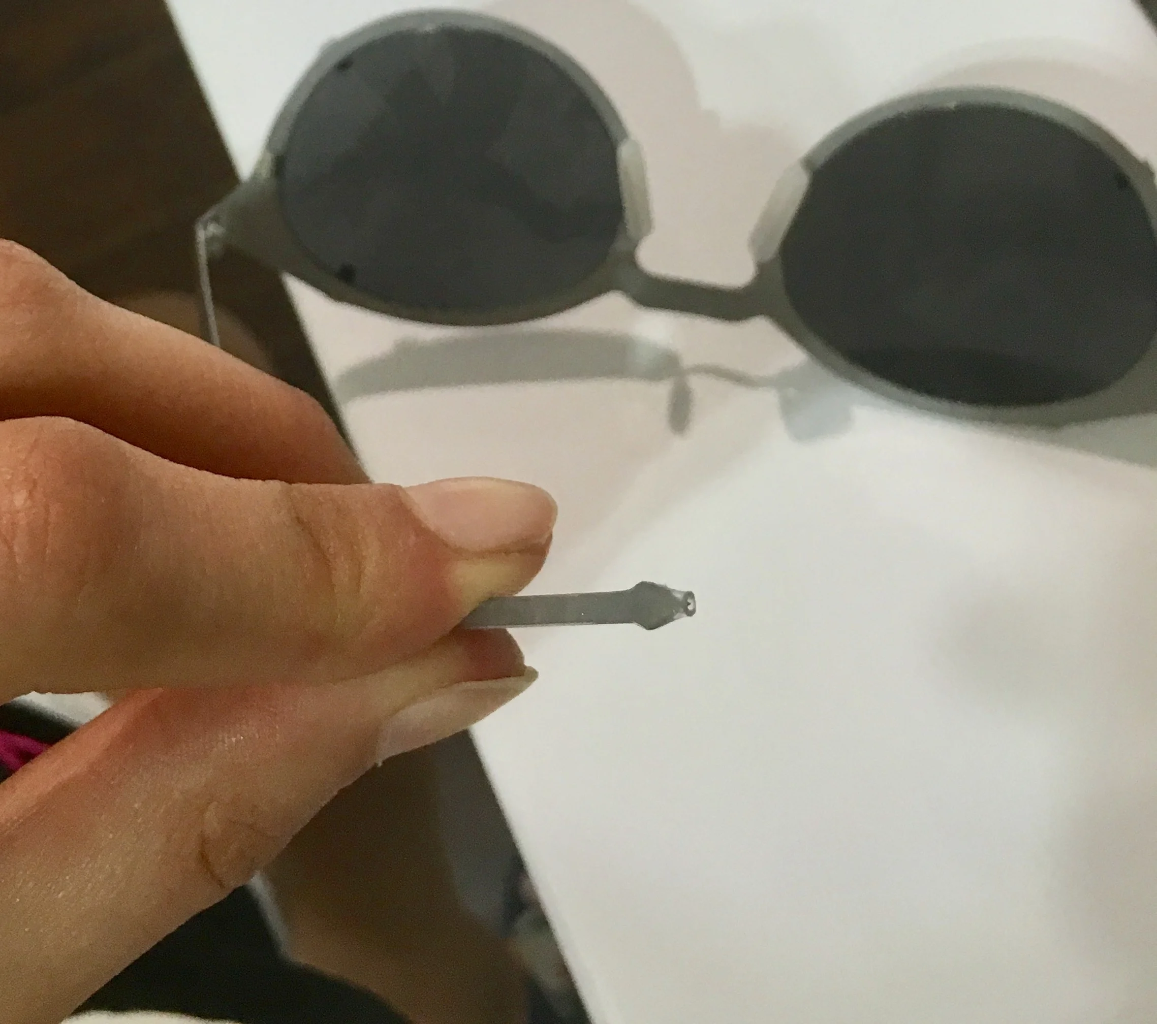 An attempt at an innovative temple tip that ended up looking like a turtleneck. Pivoting soon followed. 