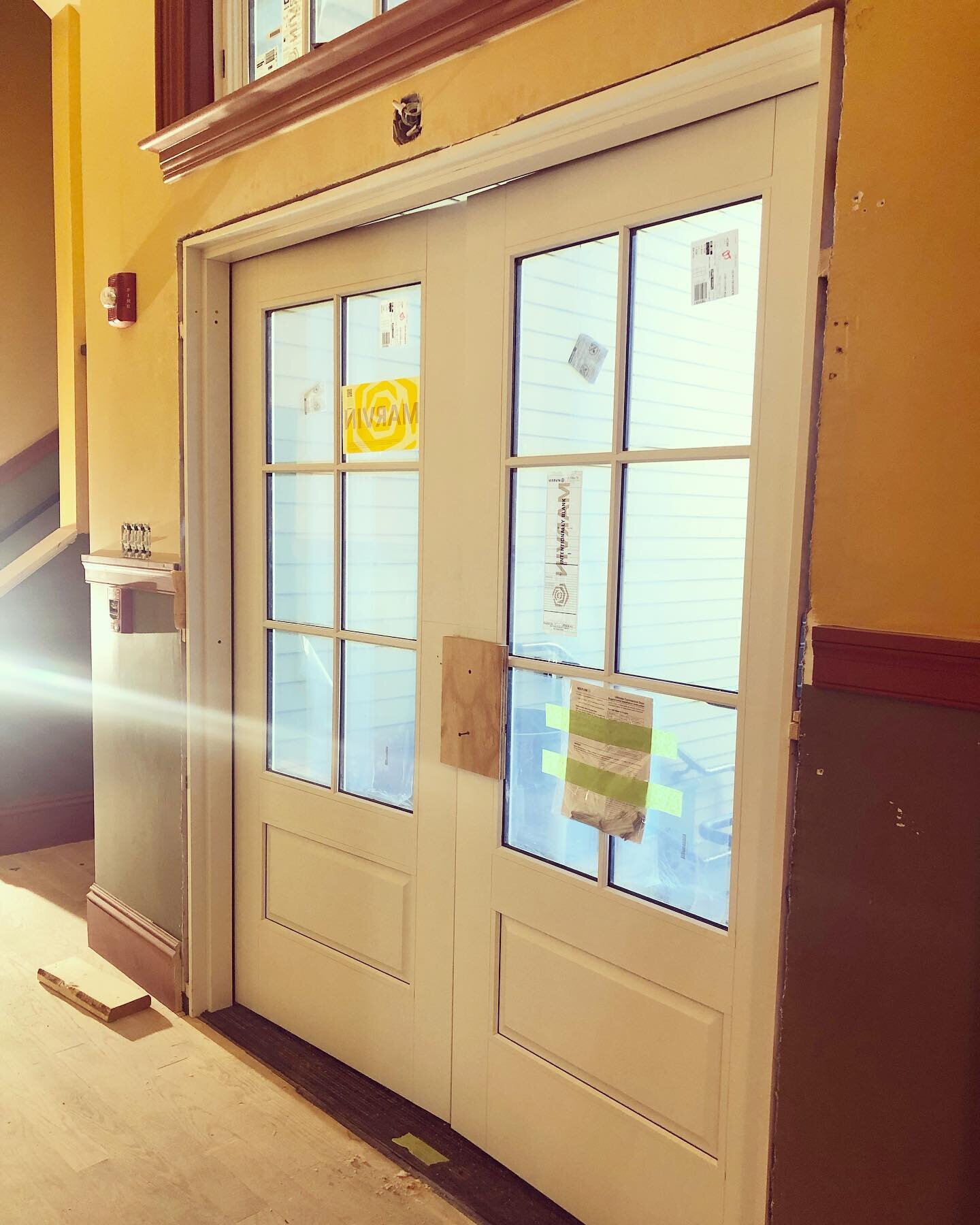 Sneak peek!  Our new front door is finally in!  So much dust is still settling as seen in the sunbeams from the front stair windows.  We&rsquo;ve done some serious purging of basement storage, and look&hellip;ductwork!  We&rsquo;re almost there!  We 