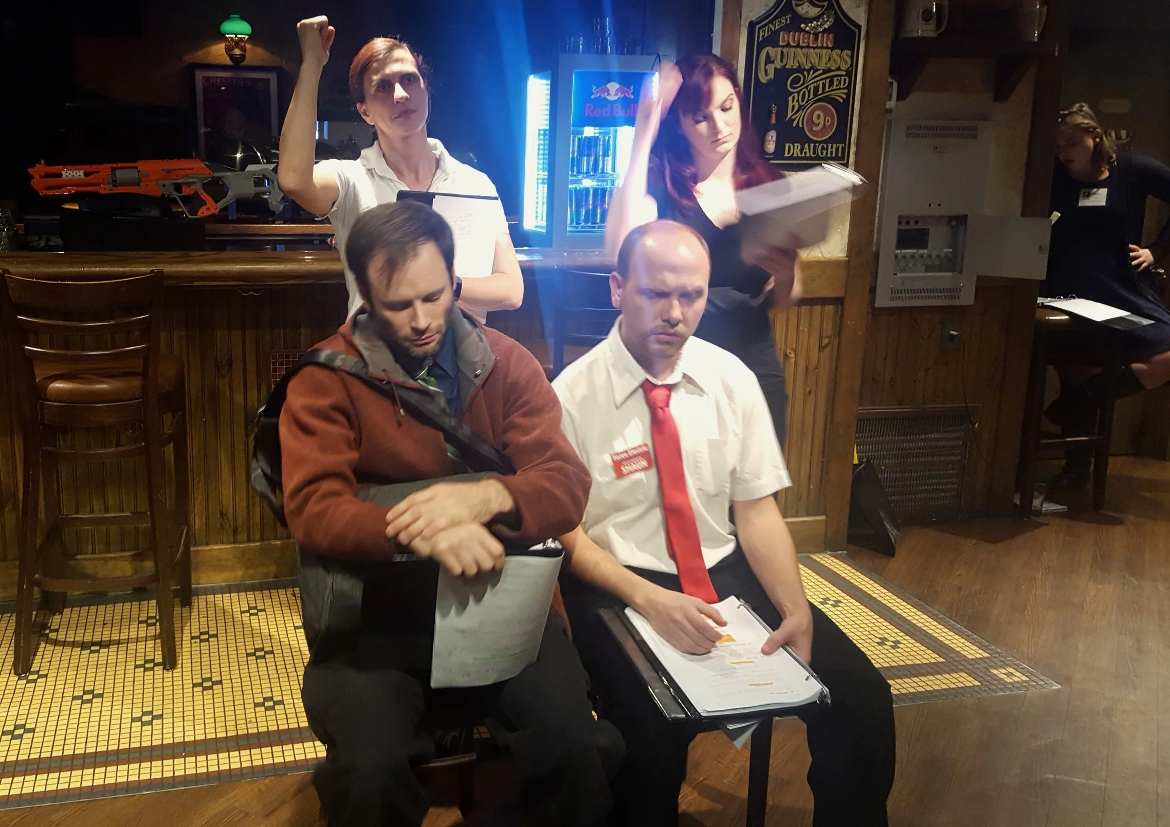 Maria Burnham, back row left, in Ghostlight's You've Got READ on You: A Shaun of The Dead Live Reading.