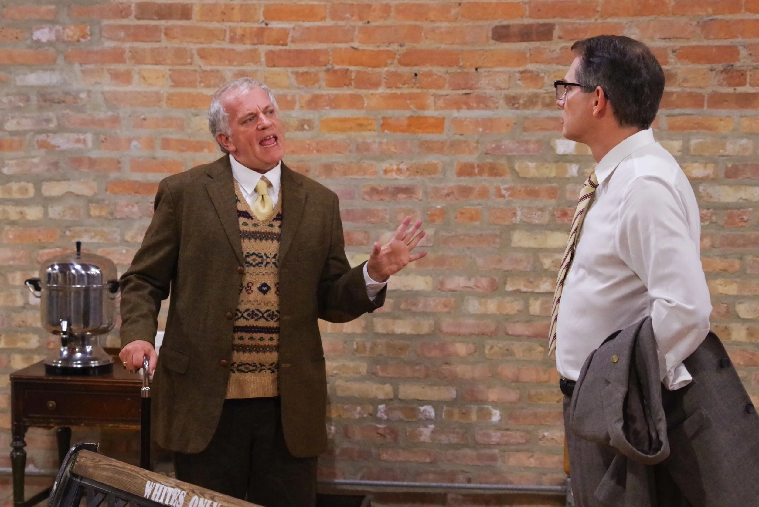 (From left) Scott Olson as Rep. Bobby Crone and Tom Goodwin as Sen. E.W. Higgins in Ghostlight Ensemble's production of Alabama Story by Kenneth Jones. (Photo by Pete Guither)
