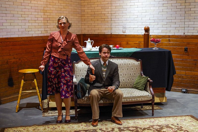  Jean E. Mueller-Burr as Eustasia and Nick Furlong as Nicholas in Ghostlight Ensemble’s production of   The Dover Road     by A.A. Milne  (Photo by Pete Guither)  