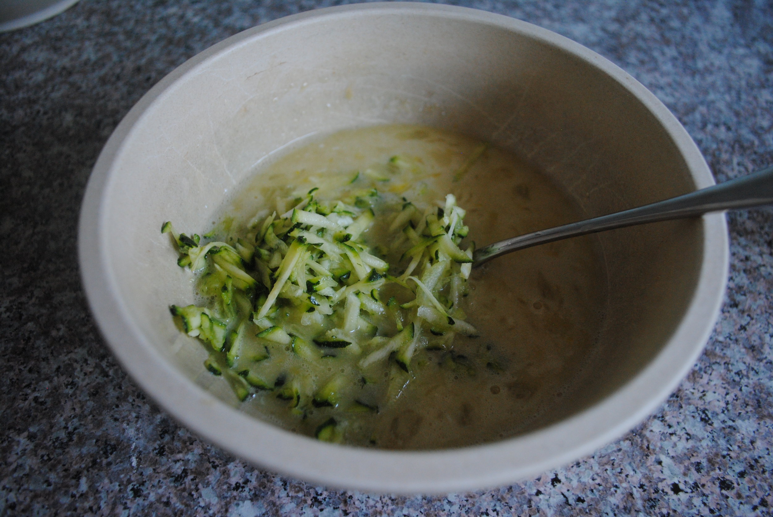 After mixing the dry in one bowl, in a separate bowl mix all the wet ingredients. Then fold in zucchini.
