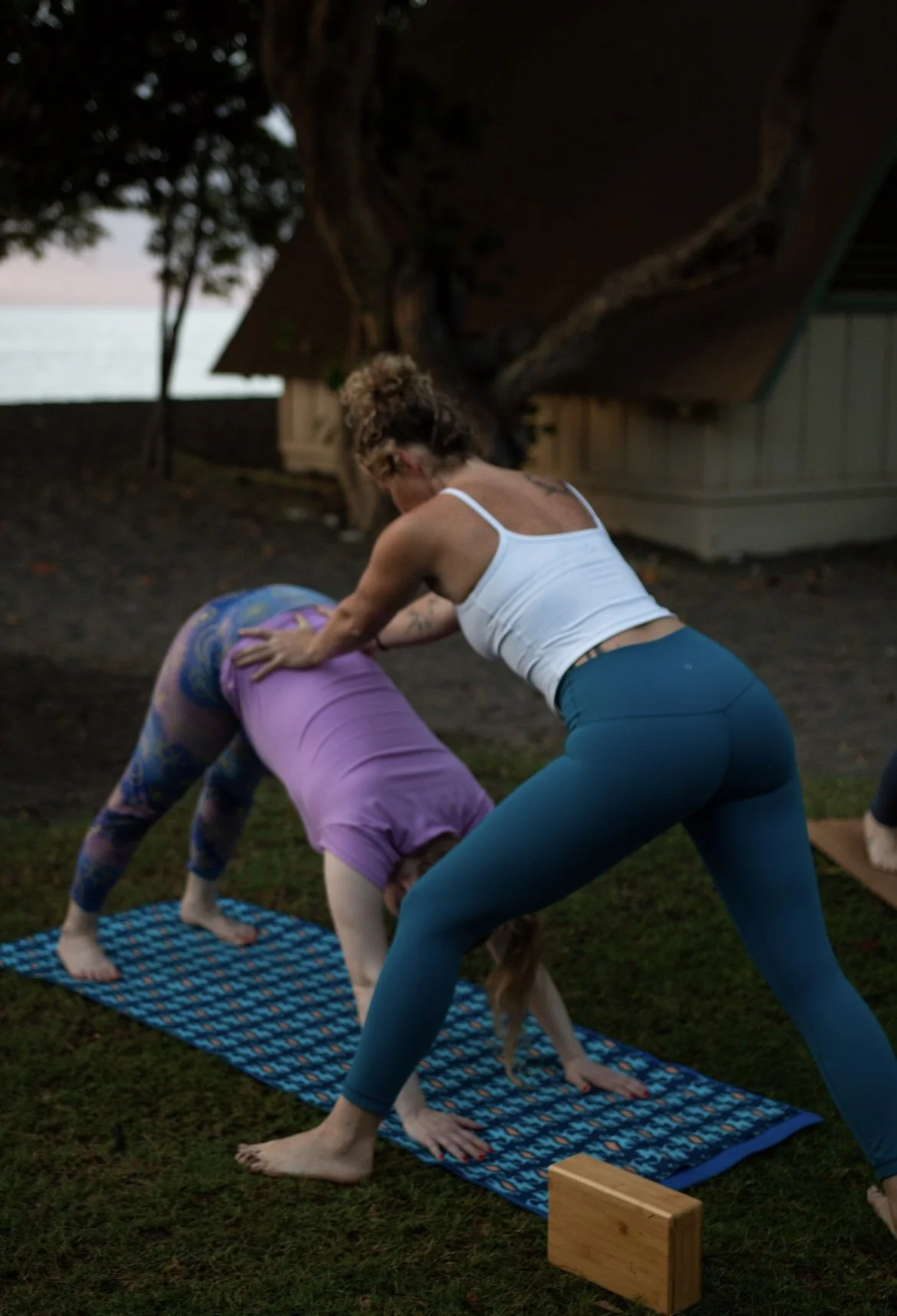 A woman in white tank top and teal leggings assists a person in purple leggings and a lavender top with a yoga pose on a mat outdoors during dusk, near trees and a wooden structure.