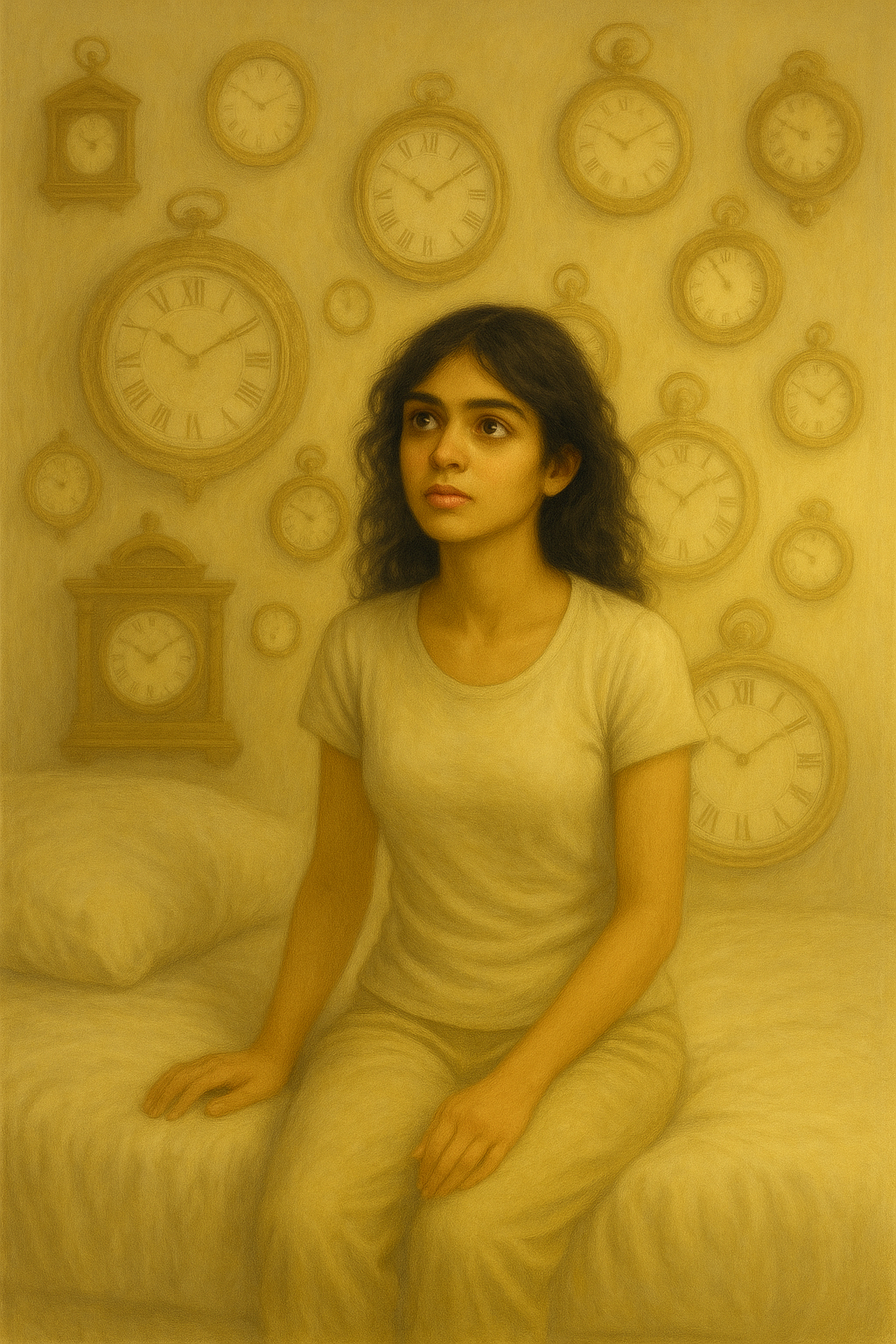 A young woman with wavy dark hair, wearing a beige t-shirt and pants, sits on a cream-colored bed in a room decorated with multiple wall clocks showing different times. She appears to be gazing thoughtfully into the distance. Colleen Addison.