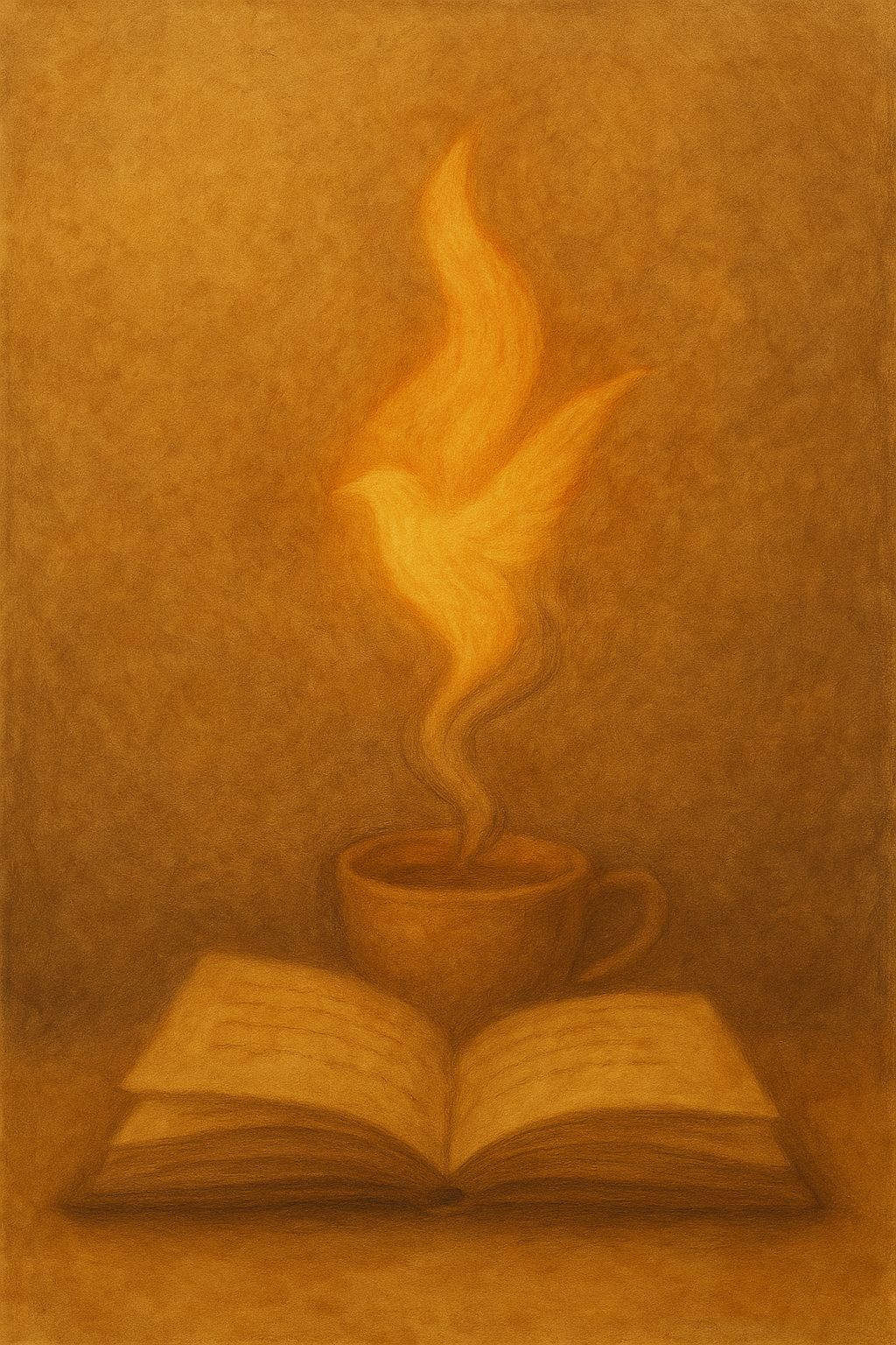 An open book with a steaming cup of coffee or tea placed above it, with the steam forming a shape in the air.