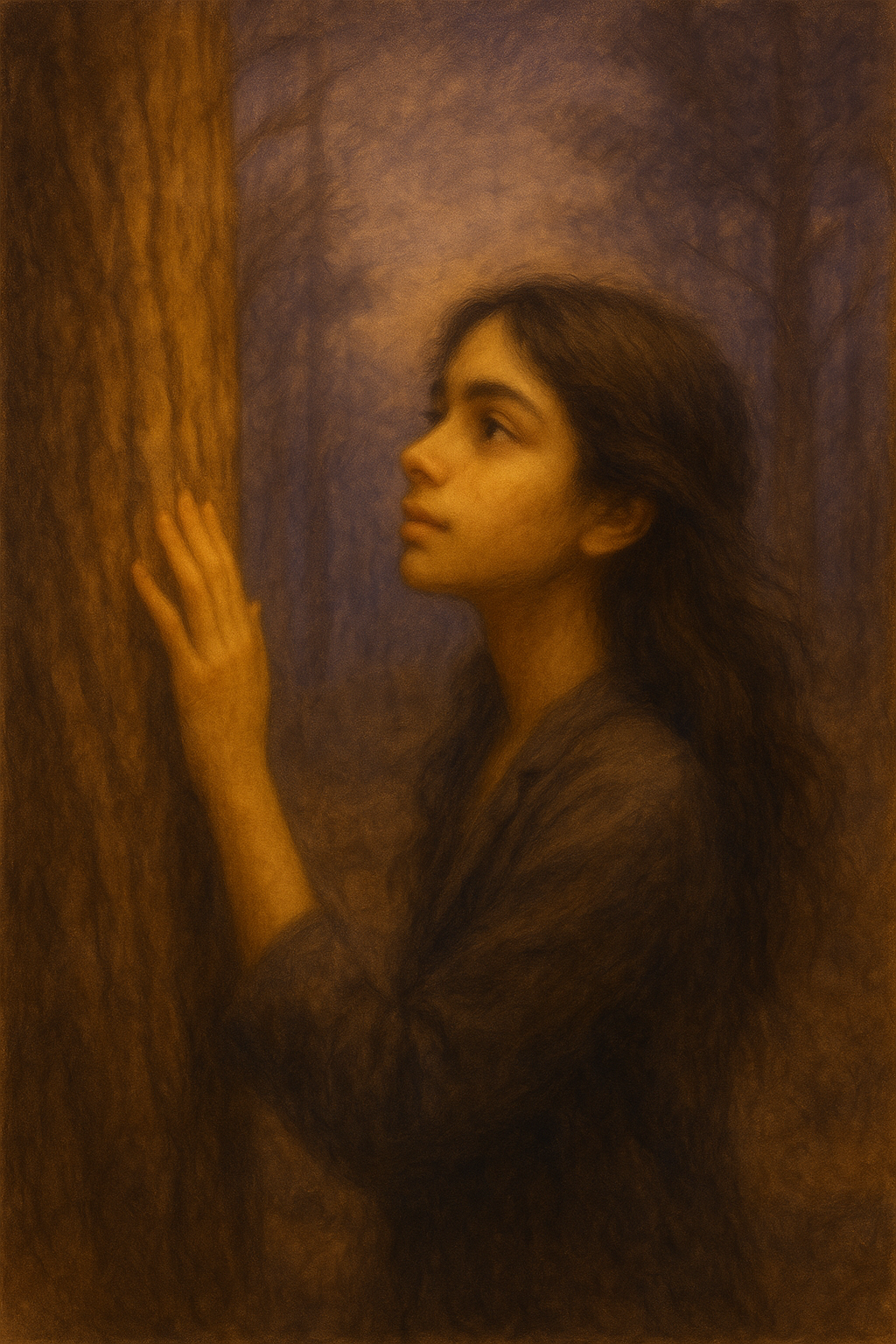 A young woman with long, dark hair standing sideways near a tree trunk, gazing upward with a contemplative expression in a warm-toned, painterly style. Colleen Addison.