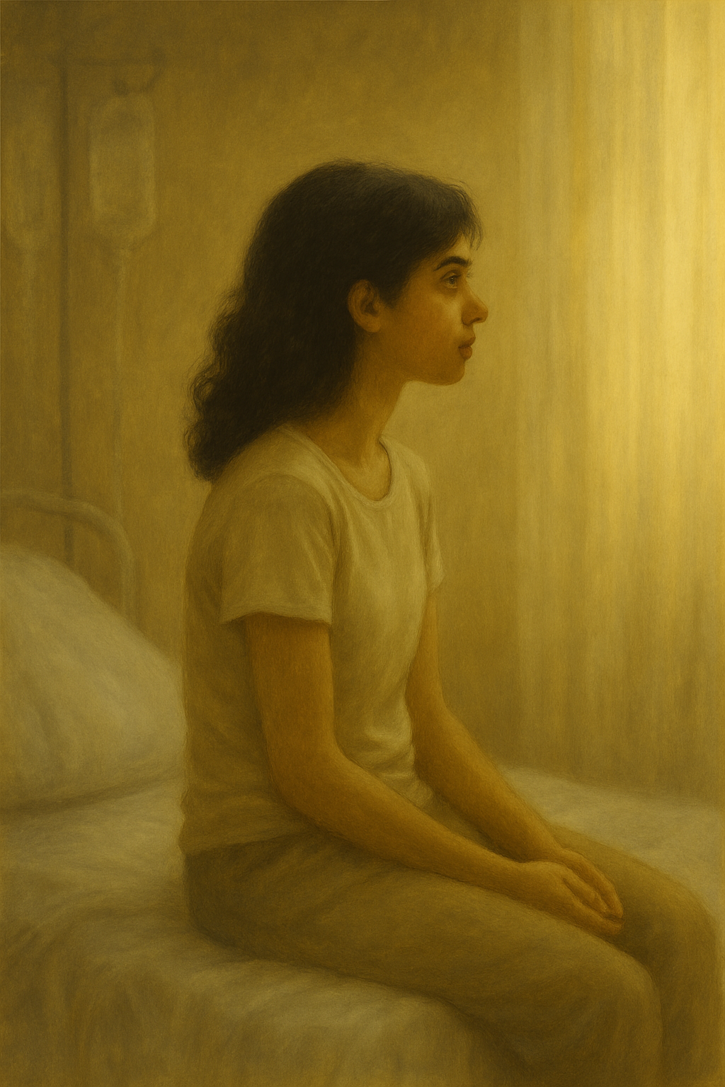 A woman with dark hair, wearing a beige T-shirt, sitting on a bed, facing right, with a neutral expression in a softly lit room. Colleen Addison.
