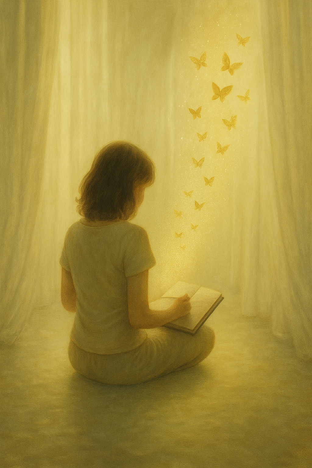 A girl sitting on the floor, reading a book with glowing butterflies floating upward in a warm, soft yellow light. Colleen Addison.