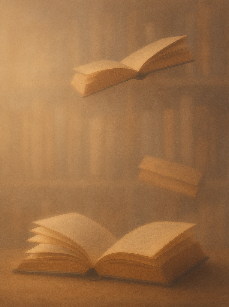 Two open books floating in mid-air in front of a blurred bookshelf, with a warm, soft glow.