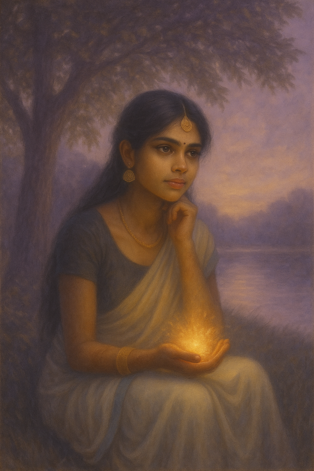A painting of a woman with dark hair and gold jewelry sitting outdoors near a tree at sunset, holding a glowing light in her hand. Esperidi Mon-Sequana, from "Ophia's Sister-Soul."